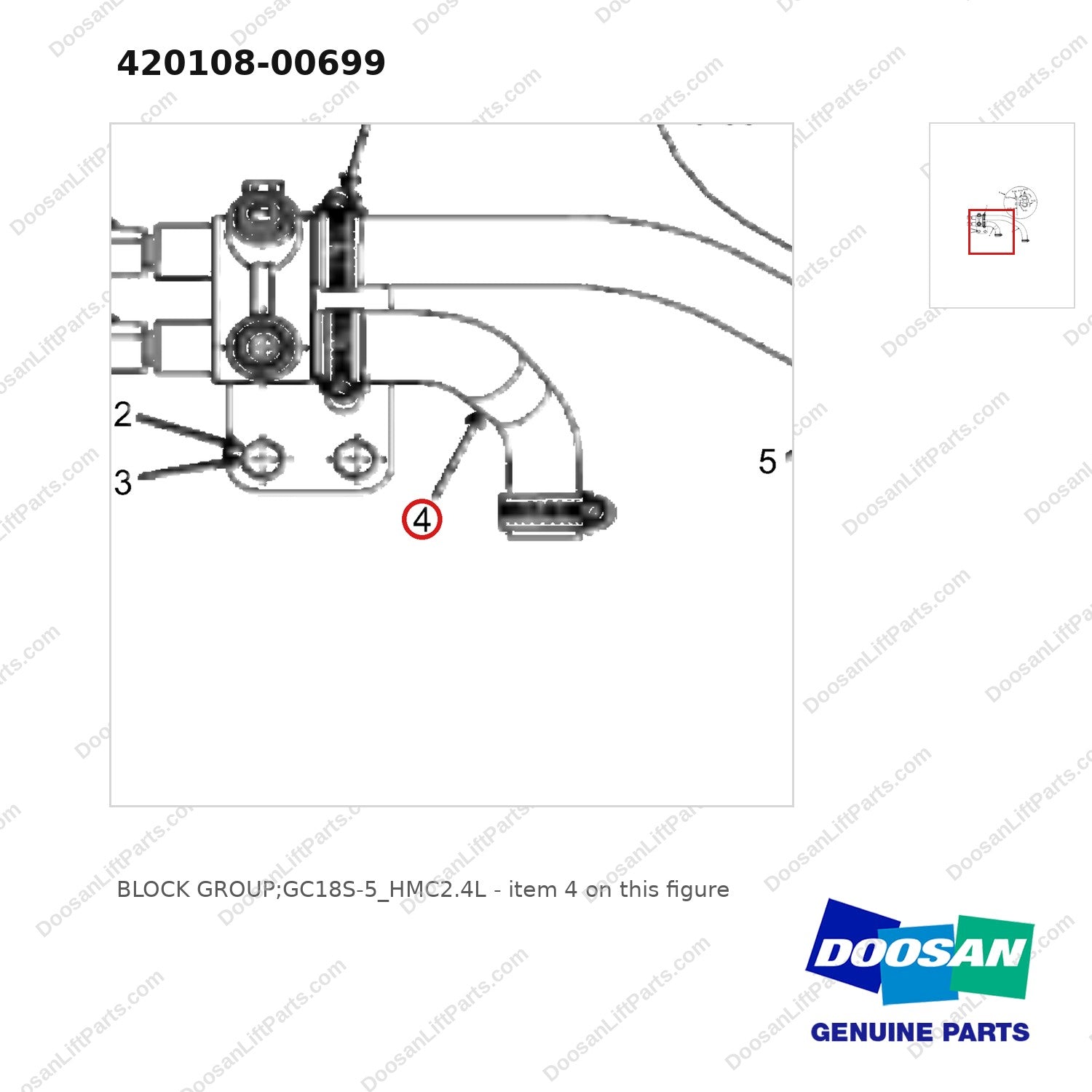 420108-00699 BLOCK GROUP;GC18S-5_HMC2.4L - parts diagram, item 4 shown - genuine Doosan / Bobcat forklift part