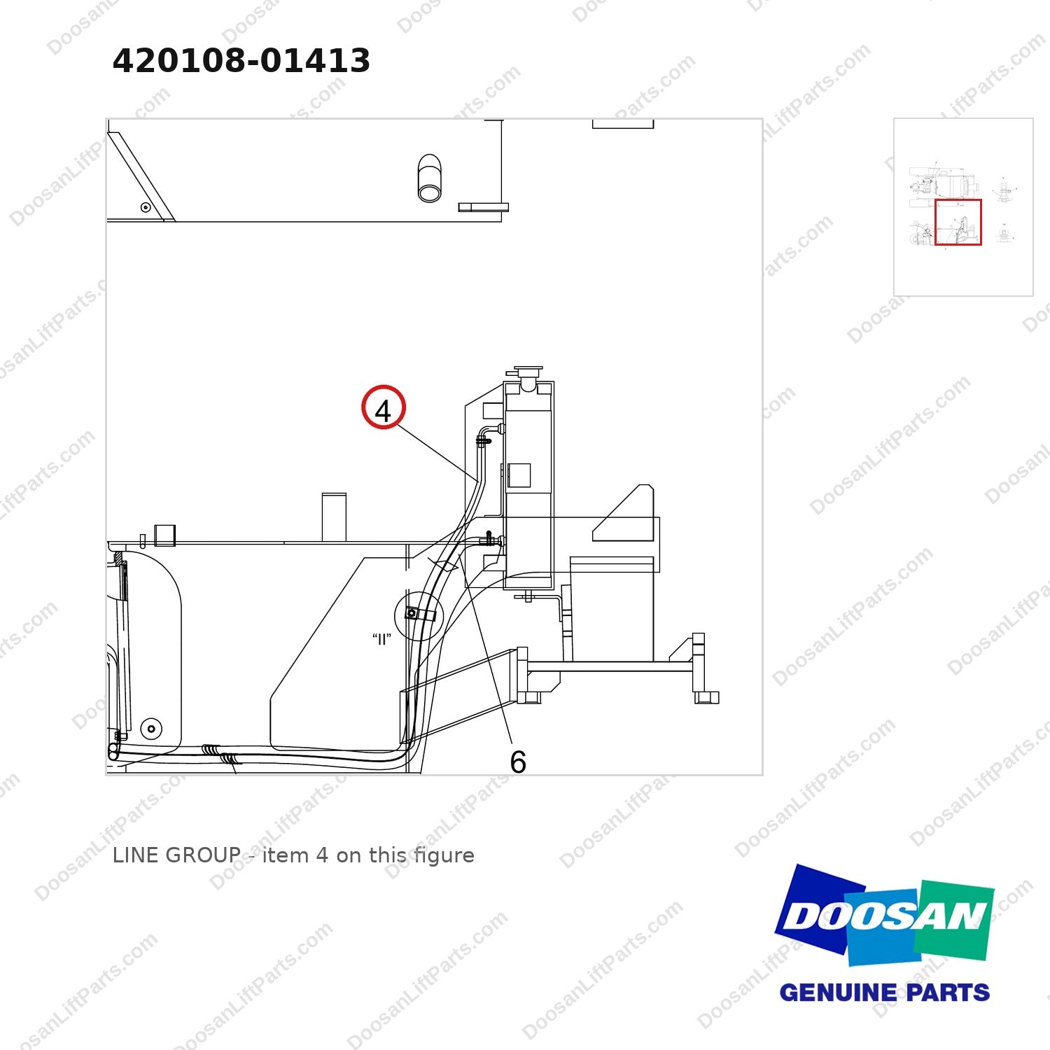 420108-01413 LINE GROUP - parts diagram, item 4 shown - genuine Doosan / Bobcat forklift part