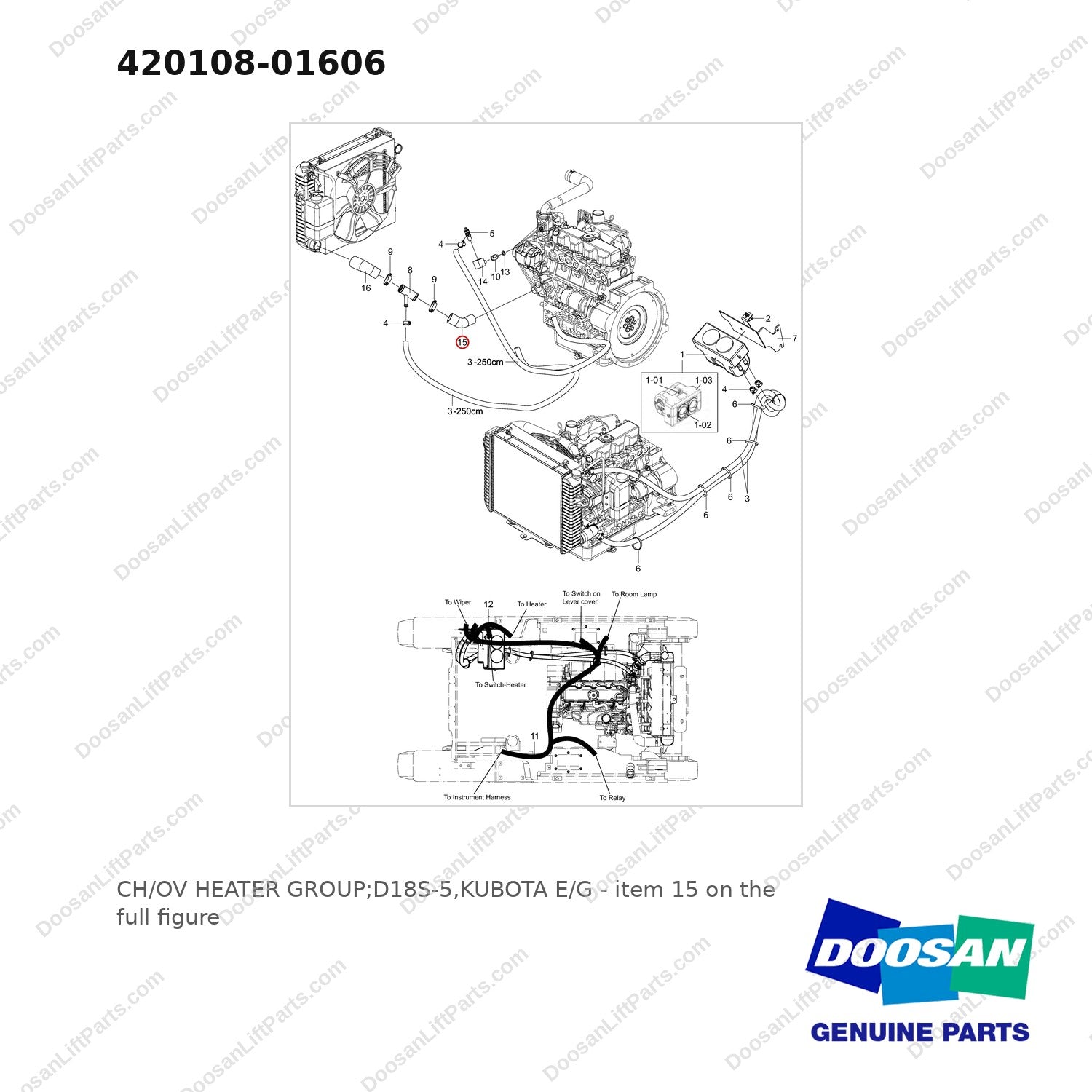 420108-01606 CH/OV HEATER GROUP;D18S-5,KUBOTA E/G - full parts diagram, item 15 marked - genuine Doosan / Bobcat forklift part