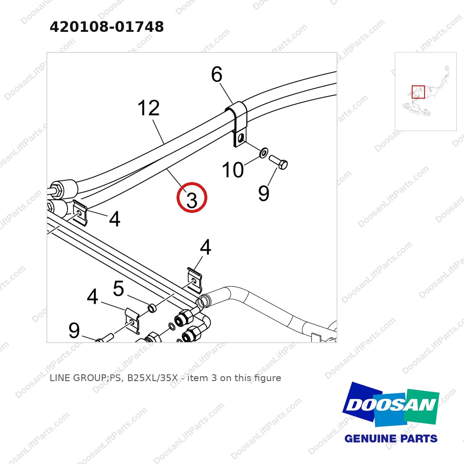420108-01748 LINE GROUP;PS, B25XL/35X - parts diagram, item 3 shown - genuine Doosan / Bobcat forklift part