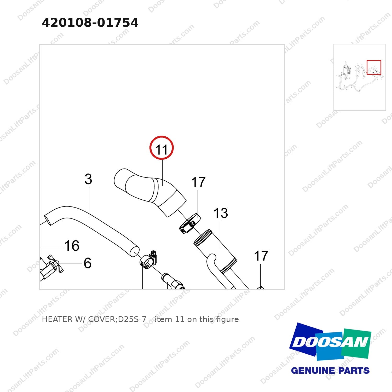 420108-01754 HEATER W/ COVER;D25S-7 - parts diagram, item 11 shown - genuine Doosan / Bobcat forklift part
