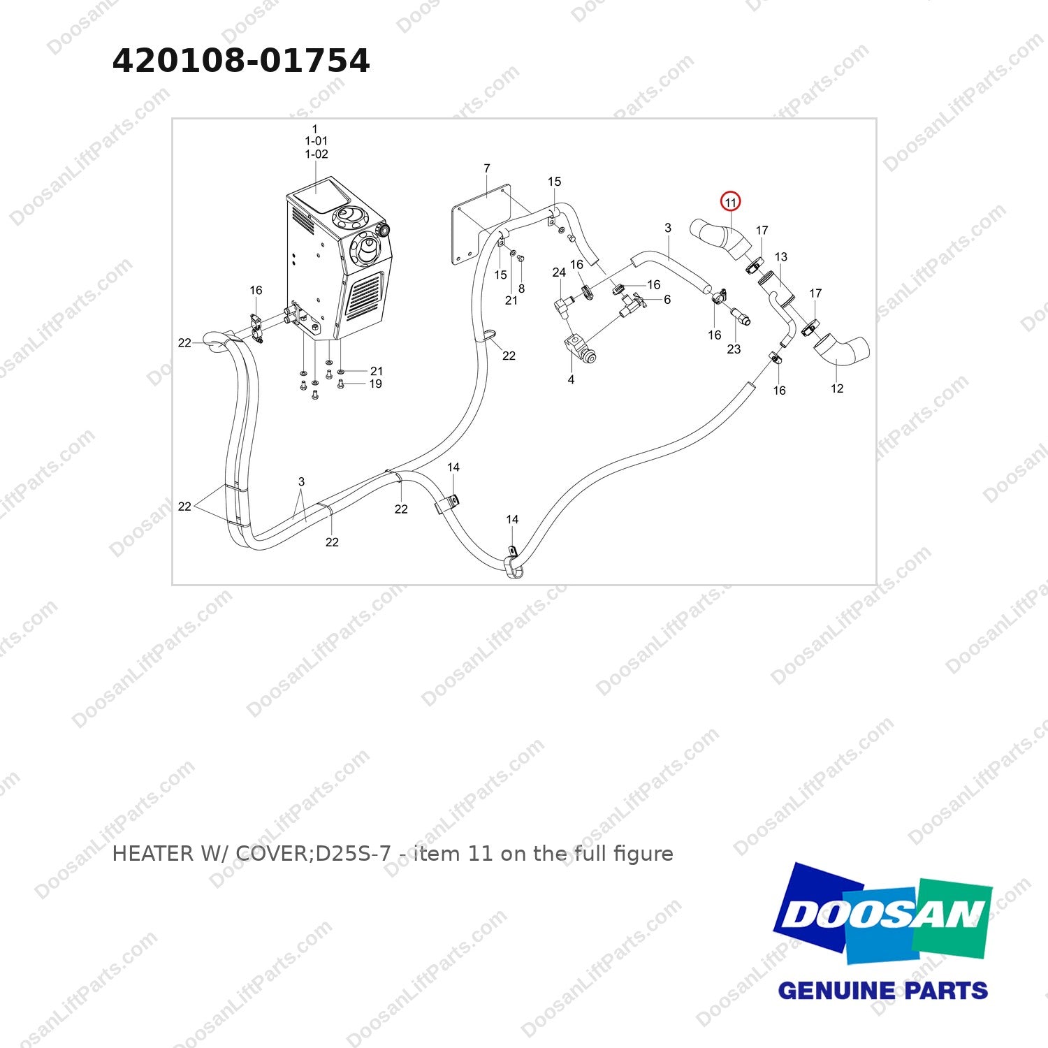 420108-01754 HEATER W/ COVER;D25S-7 - full parts diagram, item 11 marked - genuine Doosan / Bobcat forklift part