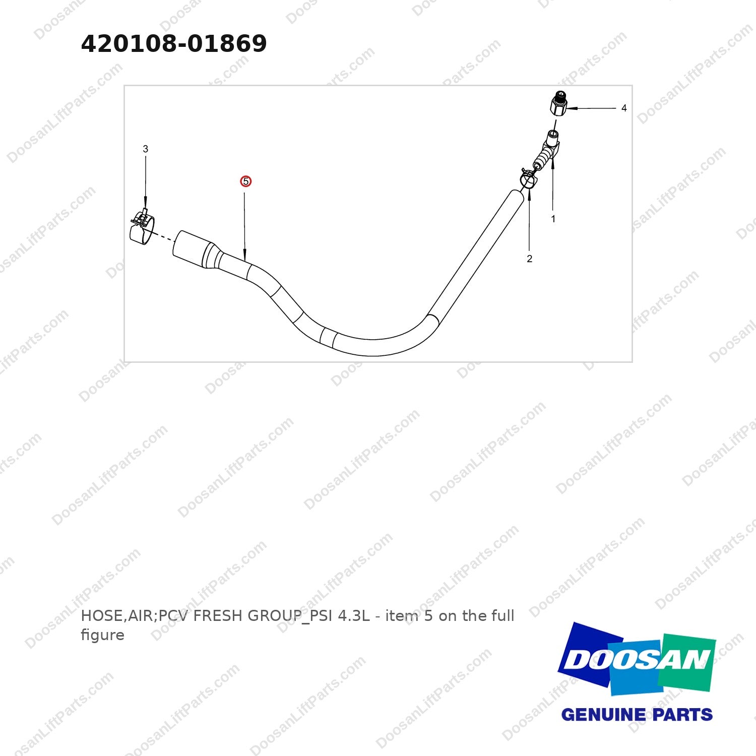 420108-01869 HOSE,AIR;PCV FRESH GROUP_PSI 4.3L - full parts diagram, item 5 marked - genuine Doosan / Bobcat forklift part