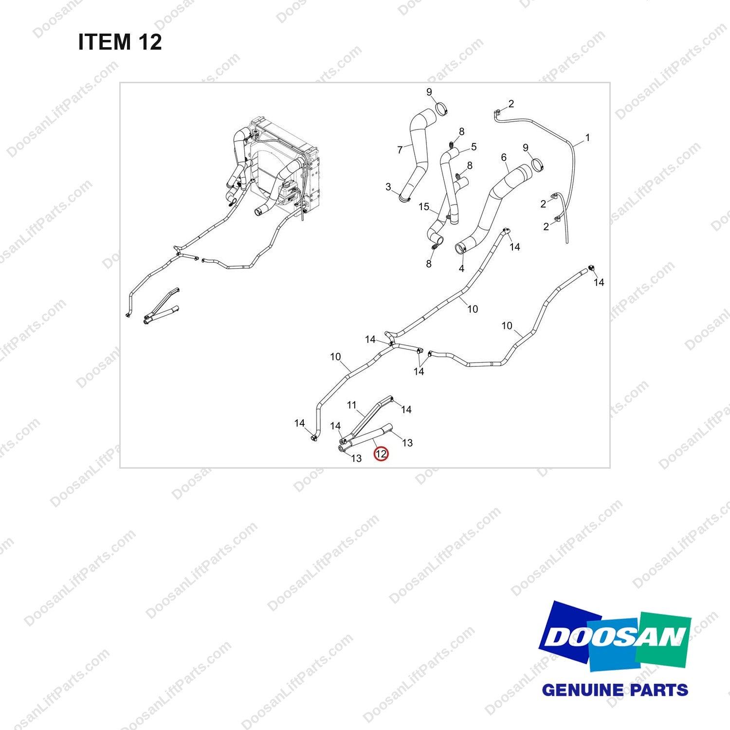 420108-02457 RADIATOR HOSE GROUP;W/O HEATER - full parts diagram, item 12 marked - genuine Doosan / Bobcat forklift part