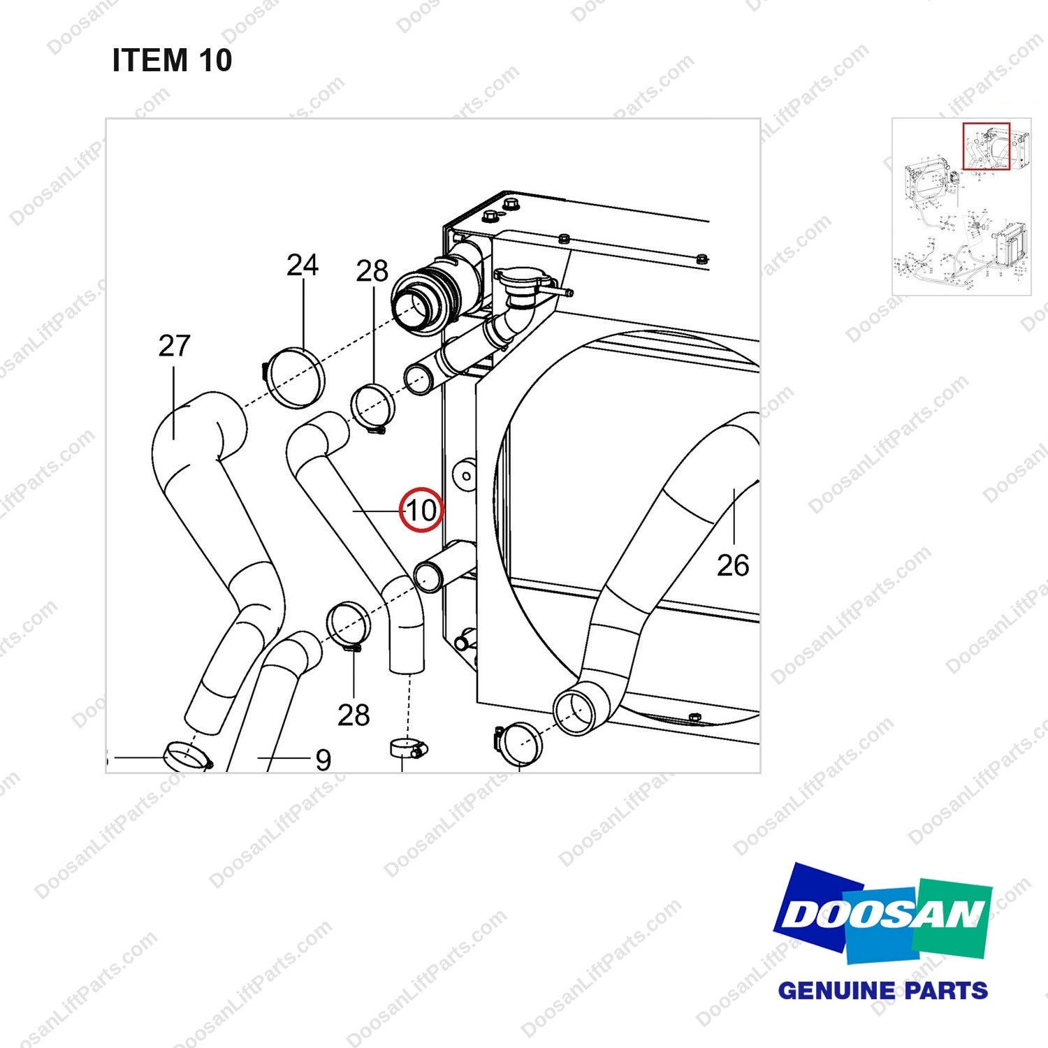 420108-02771 RADIATOR GROUP;COOLING,T4,55KW,NEW OPC - parts diagram, item 10 shown - genuine Doosan / Bobcat forklift part