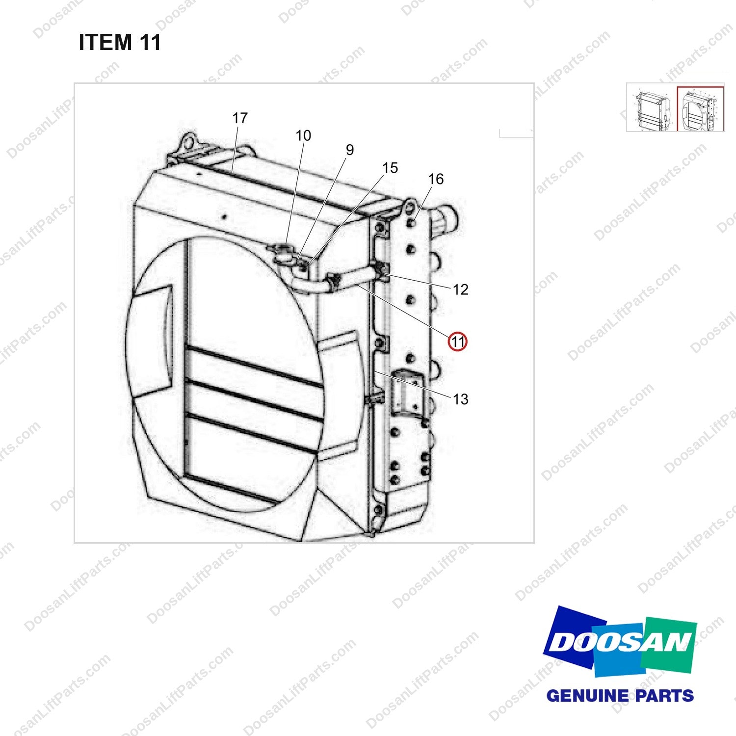 420108-03253 RADIATOR ASSY;D160S-9 - parts diagram, item 11 shown - genuine Doosan / Bobcat forklift part