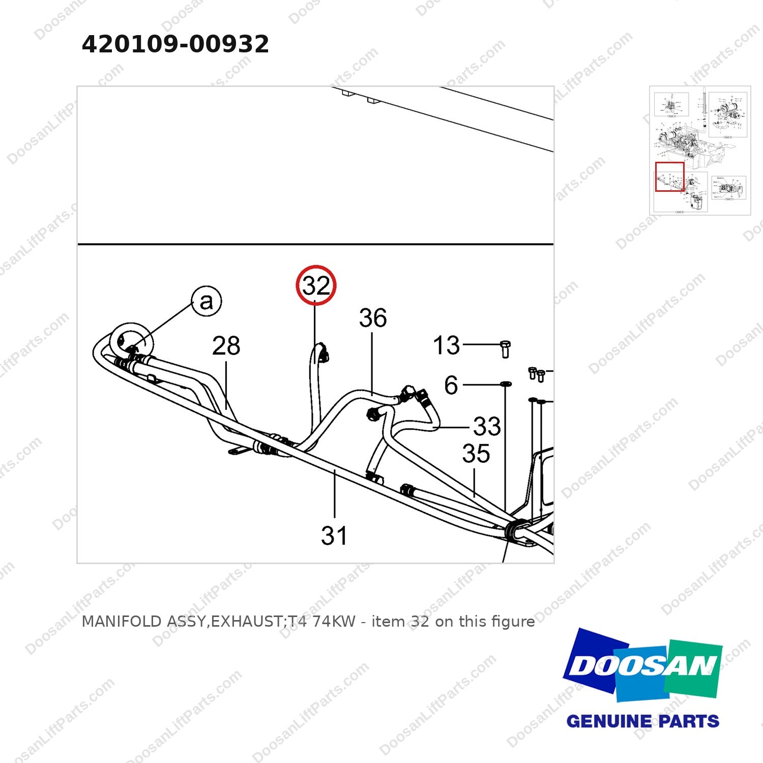 420109-00932 MANIFOLD ASSY,EXHAUST;T4 74KW - parts diagram, item 32 shown - genuine Doosan / Bobcat forklift part