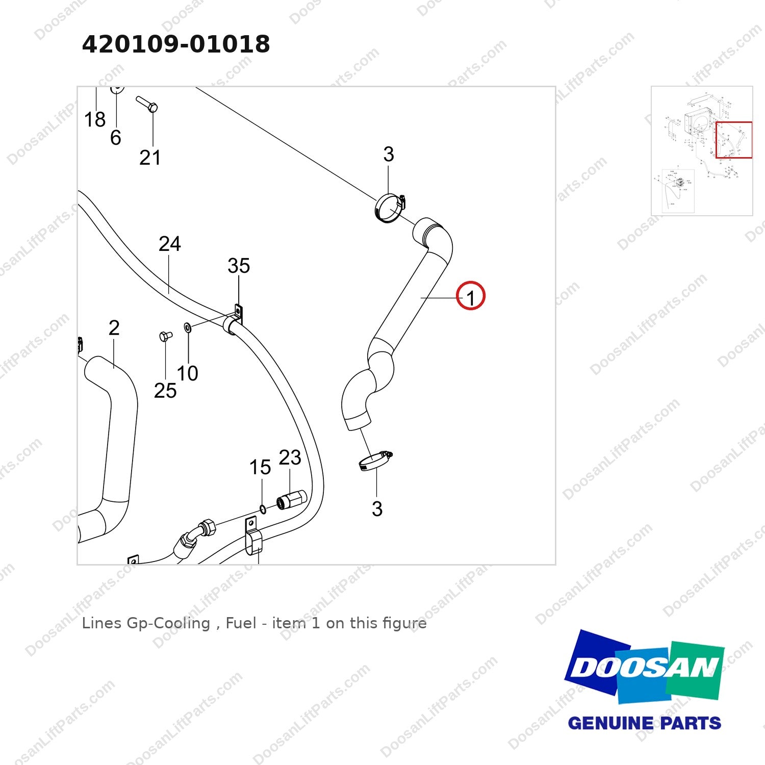 420109-01018 Lines Gp-Cooling , Fuel - parts diagram, item 1 shown - genuine Doosan / Bobcat forklift part