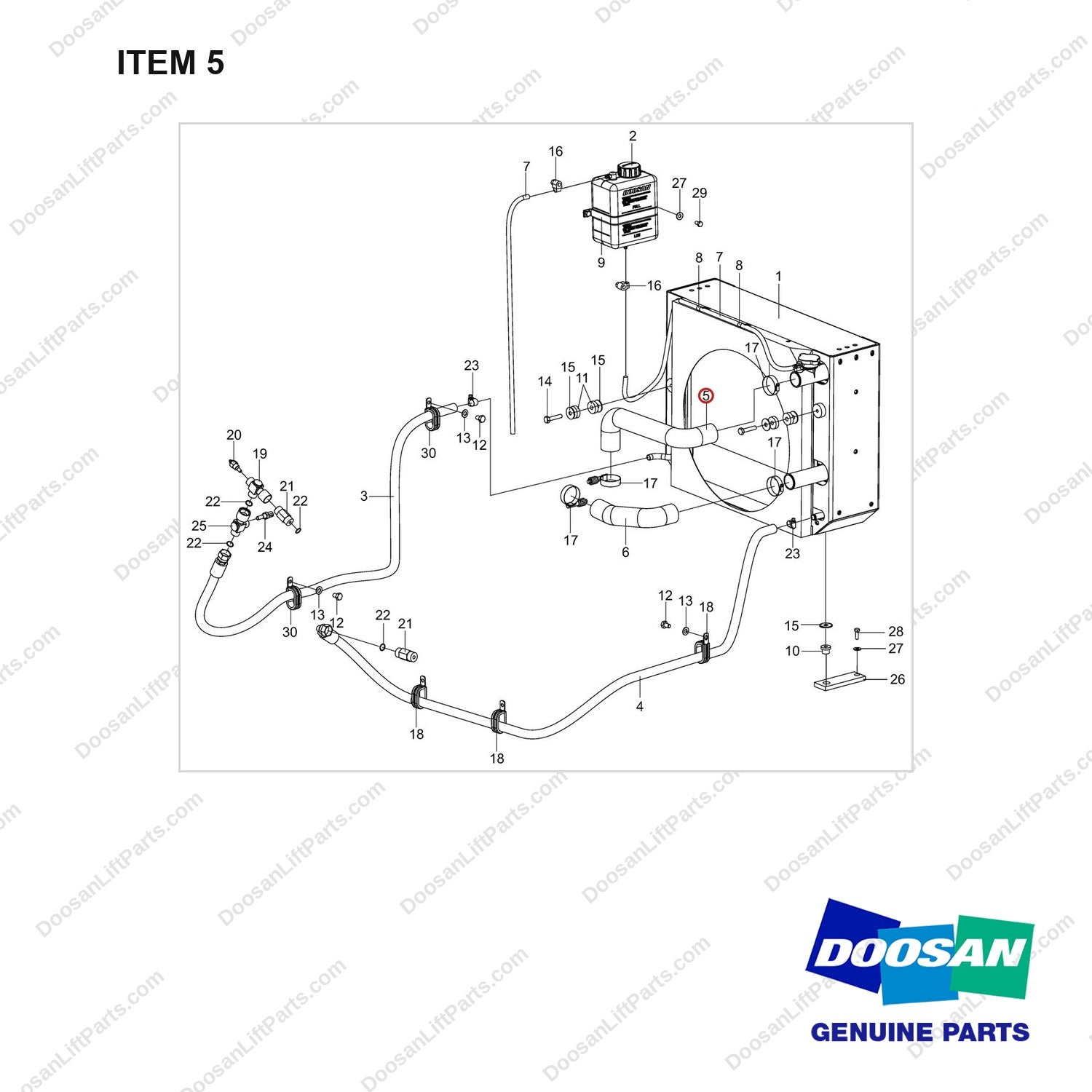 420109-01545 COOLER ASSY;KUBOTA 3.8L CERT LP - full parts diagram, item 5 marked - genuine Doosan / Bobcat forklift part