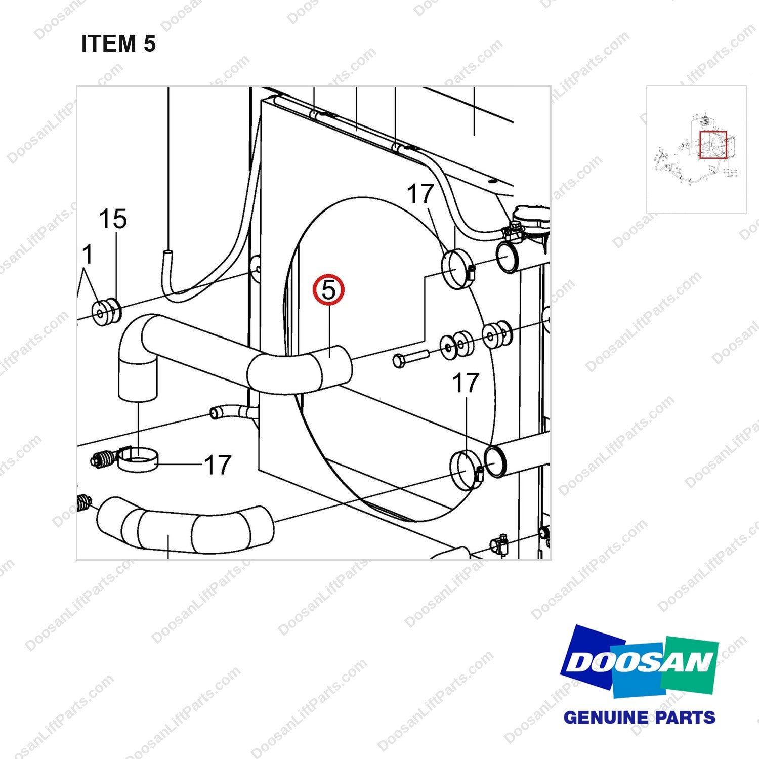 420109-01545 COOLER ASSY;KUBOTA 3.8L CERT LP - parts diagram, item 5 shown - genuine Doosan / Bobcat forklift part
