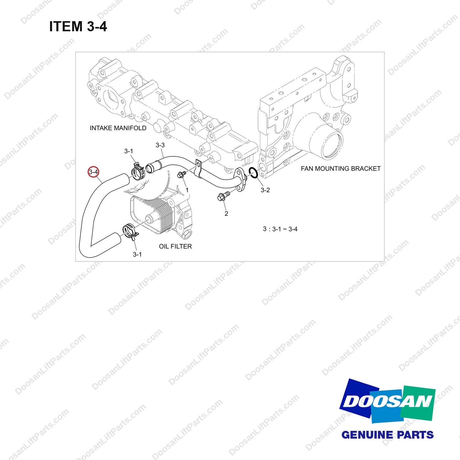 420109-01781 COOLING WATER PIPE - full parts diagram, item 3-4 marked - genuine Doosan / Bobcat forklift part