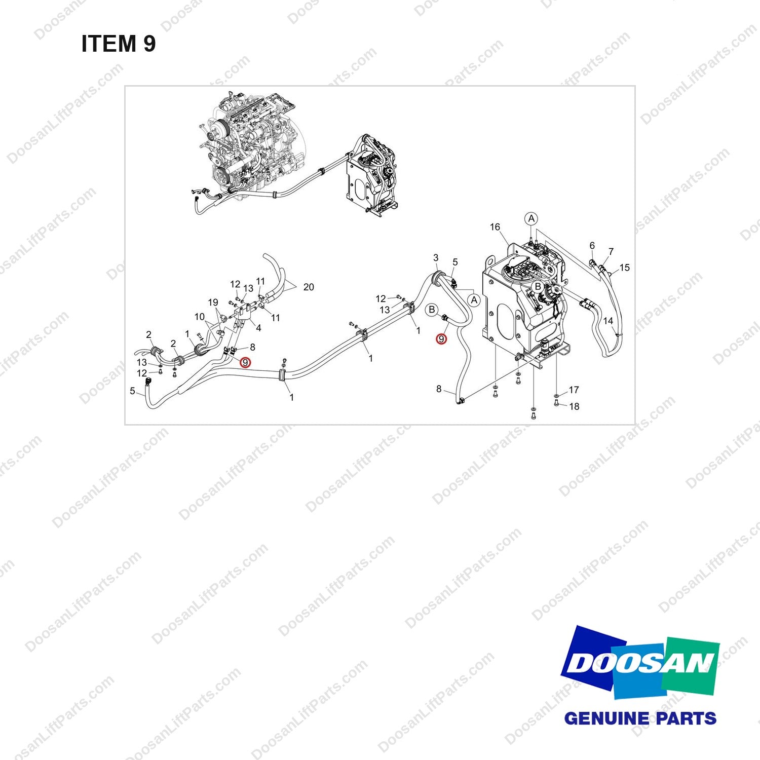 420109-02025 UREA GROUP,SUB - full parts diagram, item 9 marked - genuine Doosan / Bobcat forklift part
