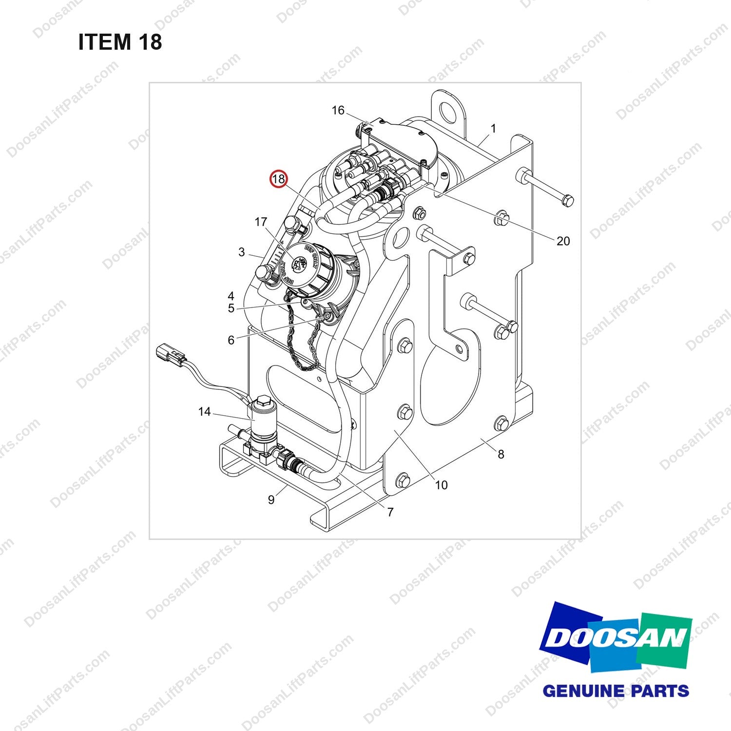 420109-02110 TANK,UREA;15L - full parts diagram, item 18 marked - genuine Doosan / Bobcat forklift part