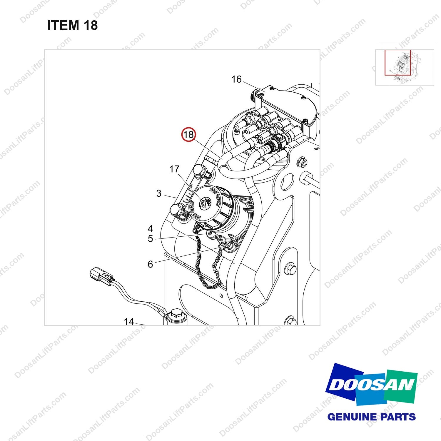 420109-02110 TANK,UREA;15L - parts diagram, item 18 shown - genuine Doosan / Bobcat forklift part