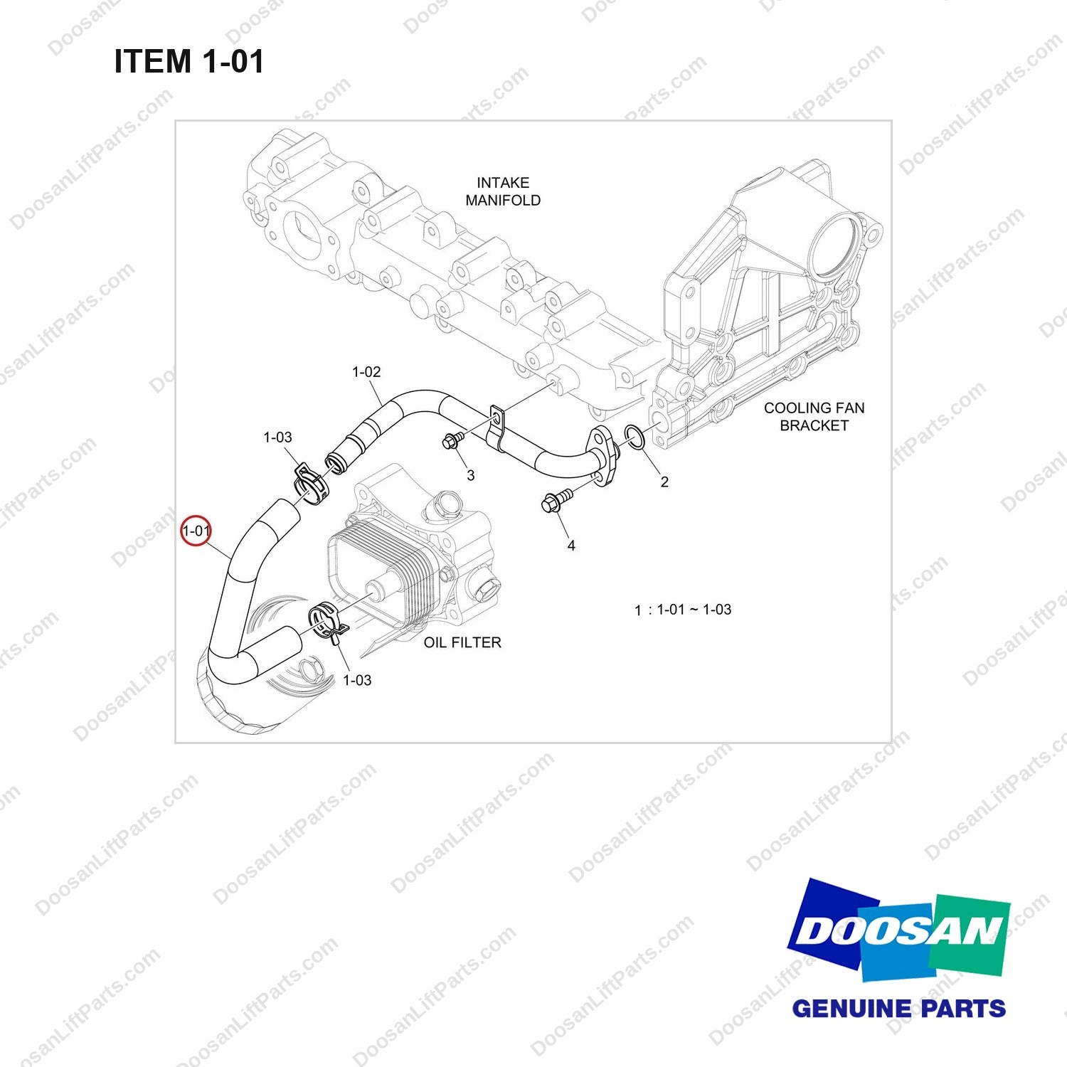 420109-02266 PIPE ASSY,COOLING WATER;DN03 - full parts diagram, item 1-01 marked - genuine Doosan / Bobcat forklift part