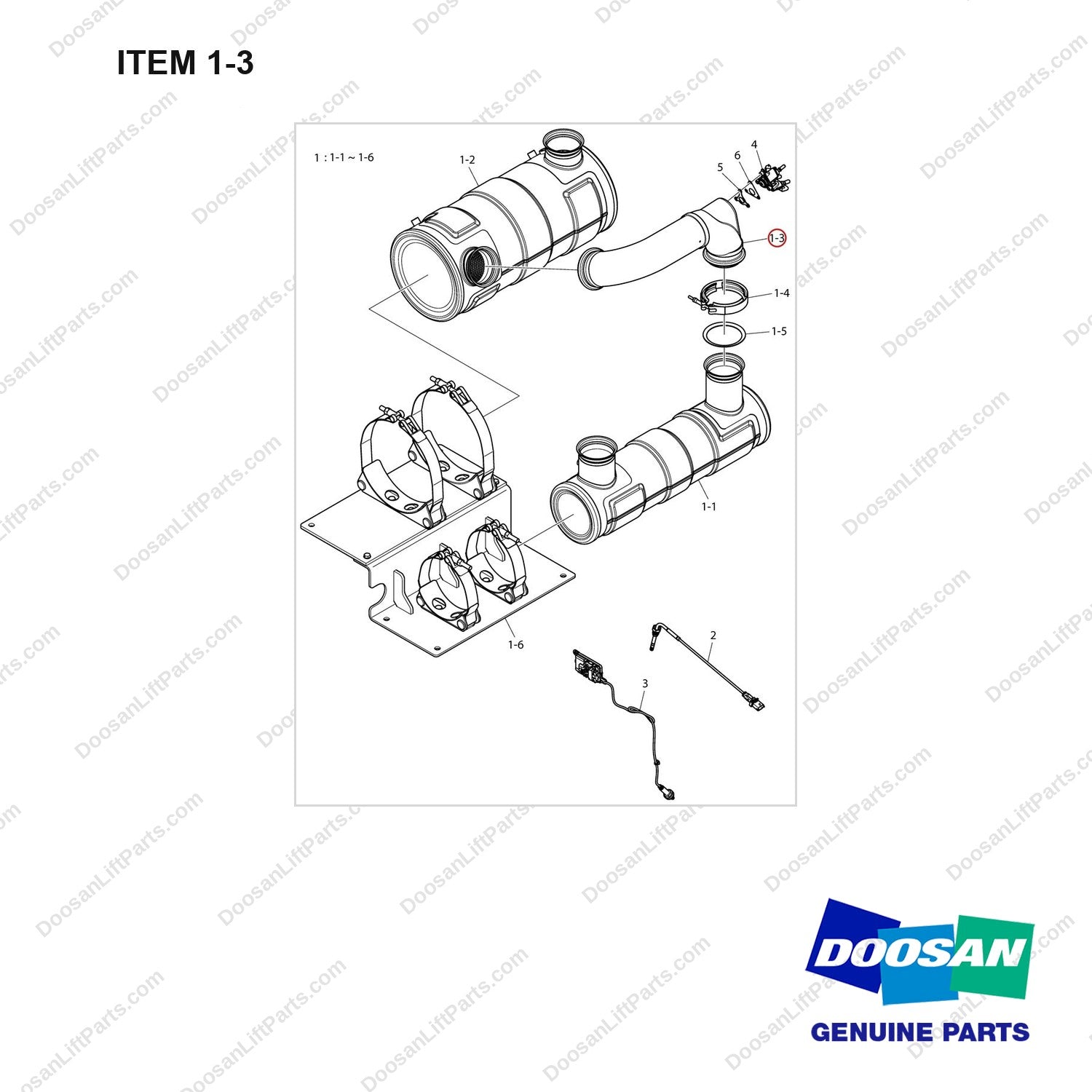 420203-00519 EXHAUST FILTERING MUFFLER - full parts diagram, item 1-3 marked - genuine Doosan / Bobcat forklift part