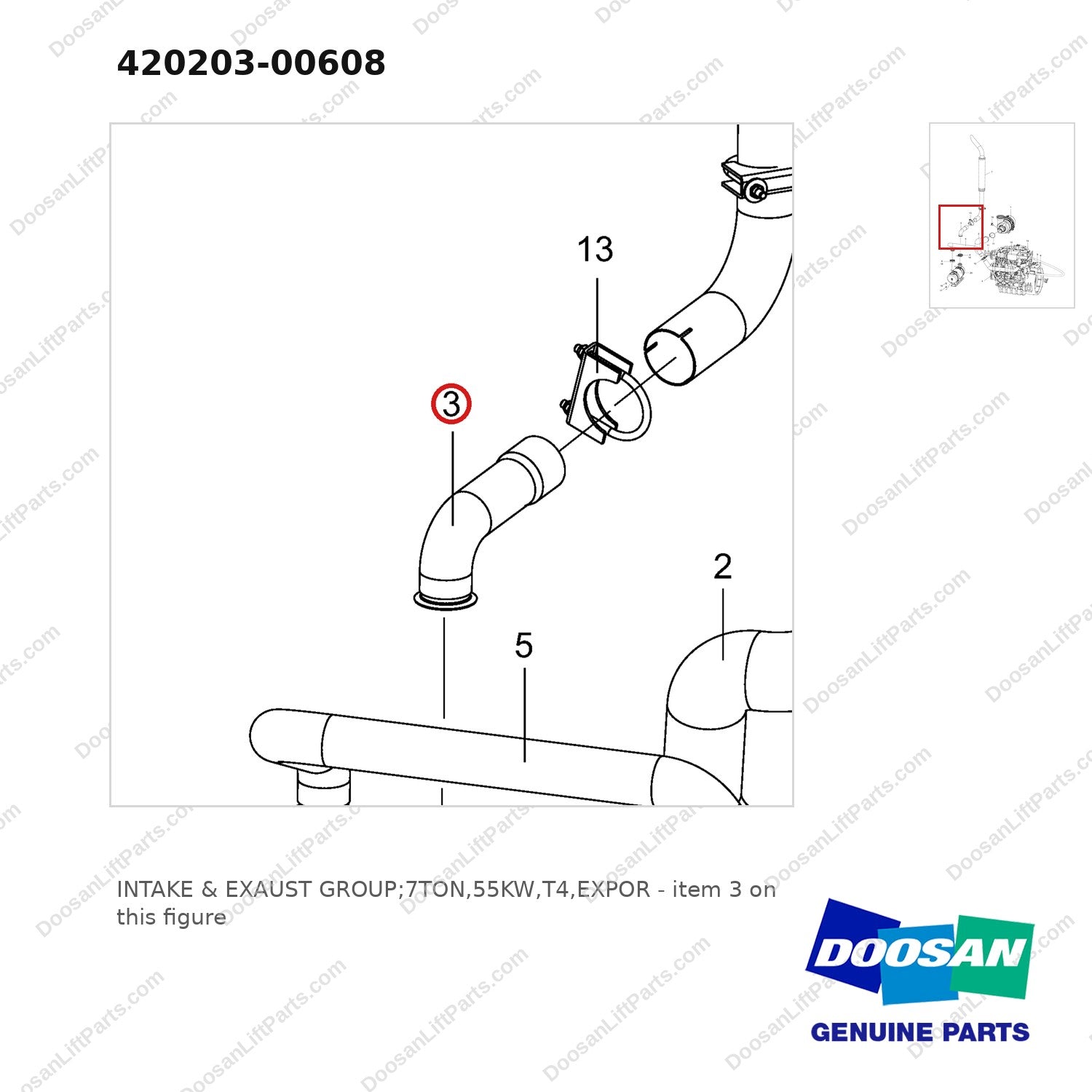 420203-00608 INTAKE & EXAUST GROUP;7TON,55KW,T4,EXPOR - parts diagram, item 3 shown - genuine Doosan / Bobcat forklift part