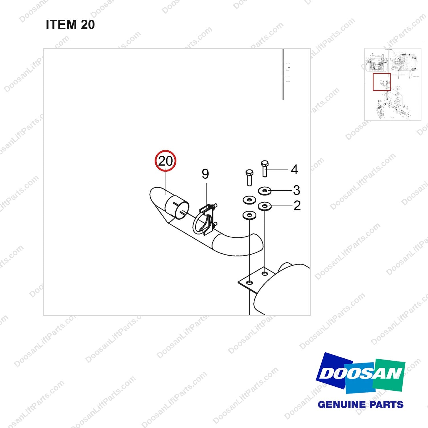 420203-01096 MUFFLER GROUP;EXHAUST,KUBOTA - parts diagram, item 20 shown - genuine Doosan / Bobcat forklift part