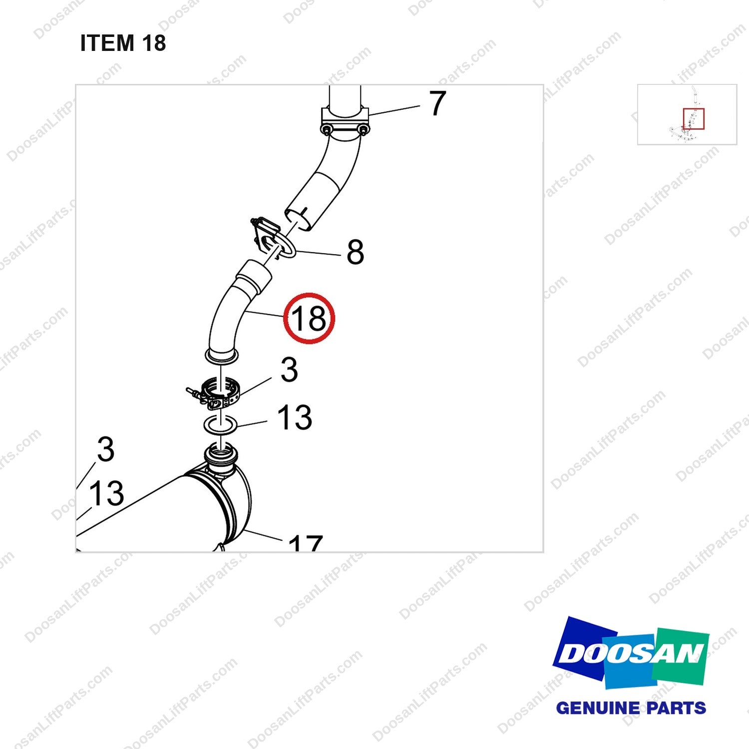420203-01269 EXHAUST GP;55KW,TIER IV - parts diagram, item 18 shown - genuine Doosan / Bobcat forklift part