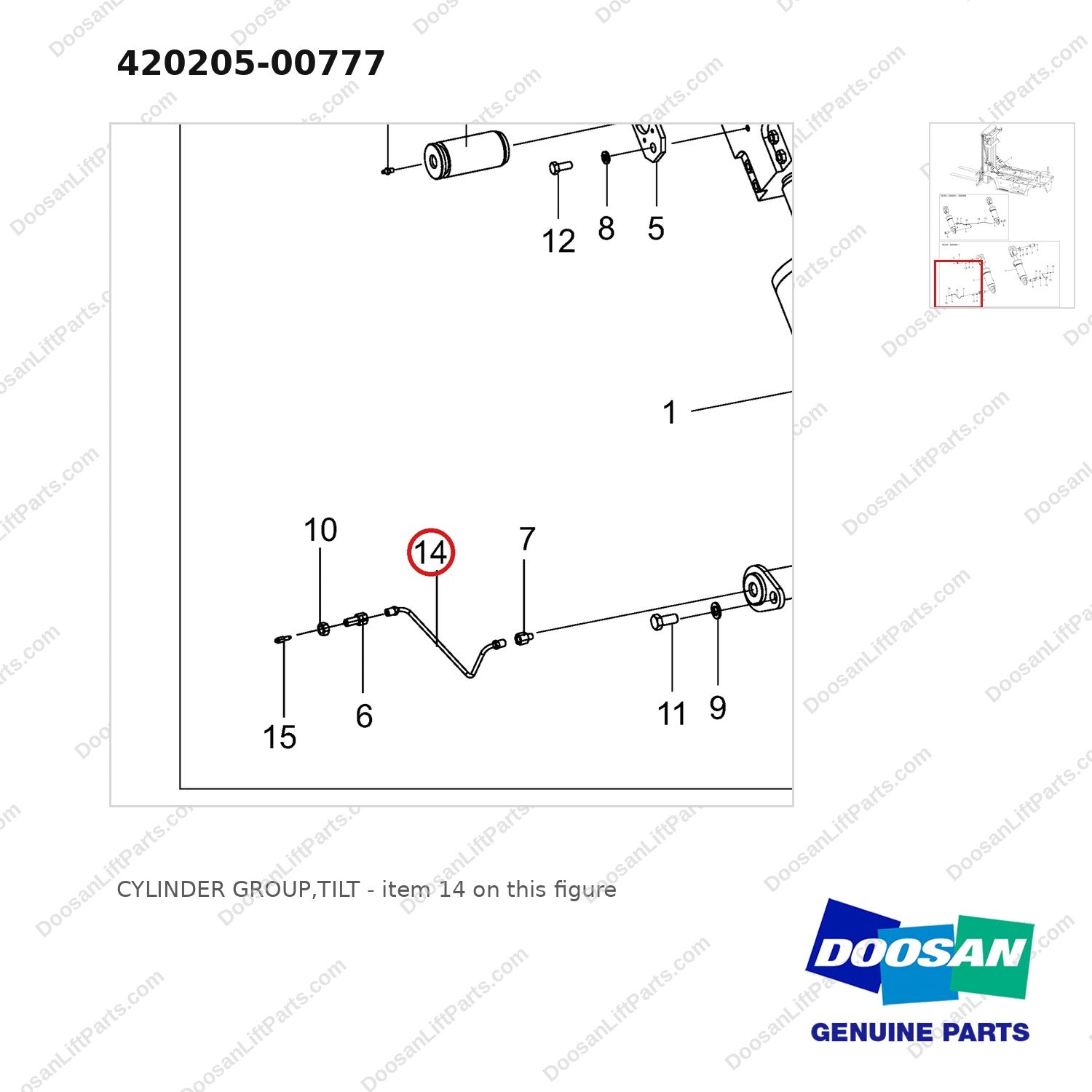420205-00777 CYLINDER GROUP,TILT - parts diagram, item 14 shown - genuine Doosan / Bobcat forklift part
