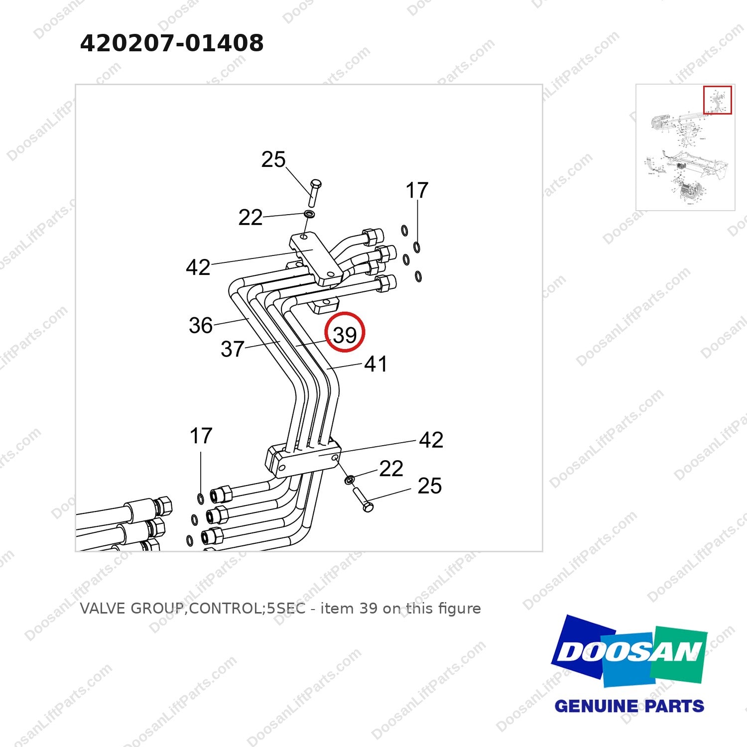 420207-01408 VALVE GROUP,CONTROL;5SEC - parts diagram, item 39 shown - genuine Doosan / Bobcat forklift part