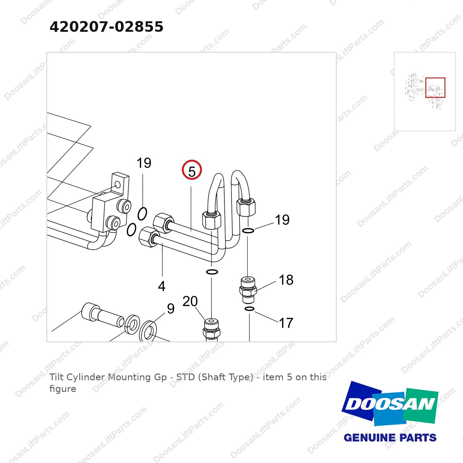 420207-02855 Tilt Cylinder Mounting Gp - STD (Shaft Type) - parts diagram, item 5 shown - genuine Doosan / Bobcat forklift part