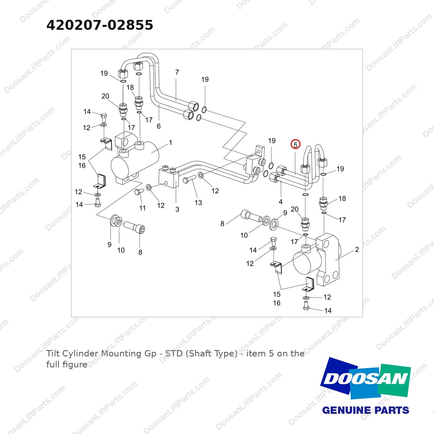 420207-02855 Tilt Cylinder Mounting Gp - STD (Shaft Type) - full parts diagram, item 5 marked - genuine Doosan / Bobcat forklift part