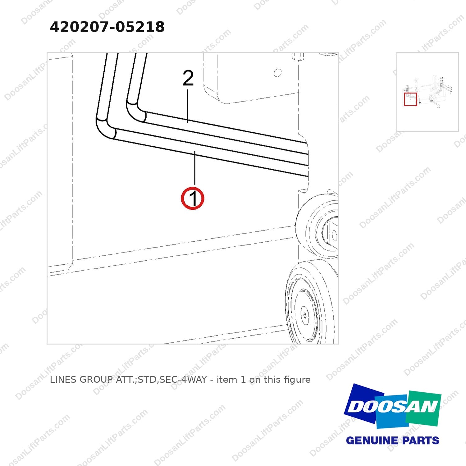420207-05218 LINES GROUP ATT.;STD,SEC-4WAY - parts diagram, item 1 shown - genuine Doosan / Bobcat forklift part