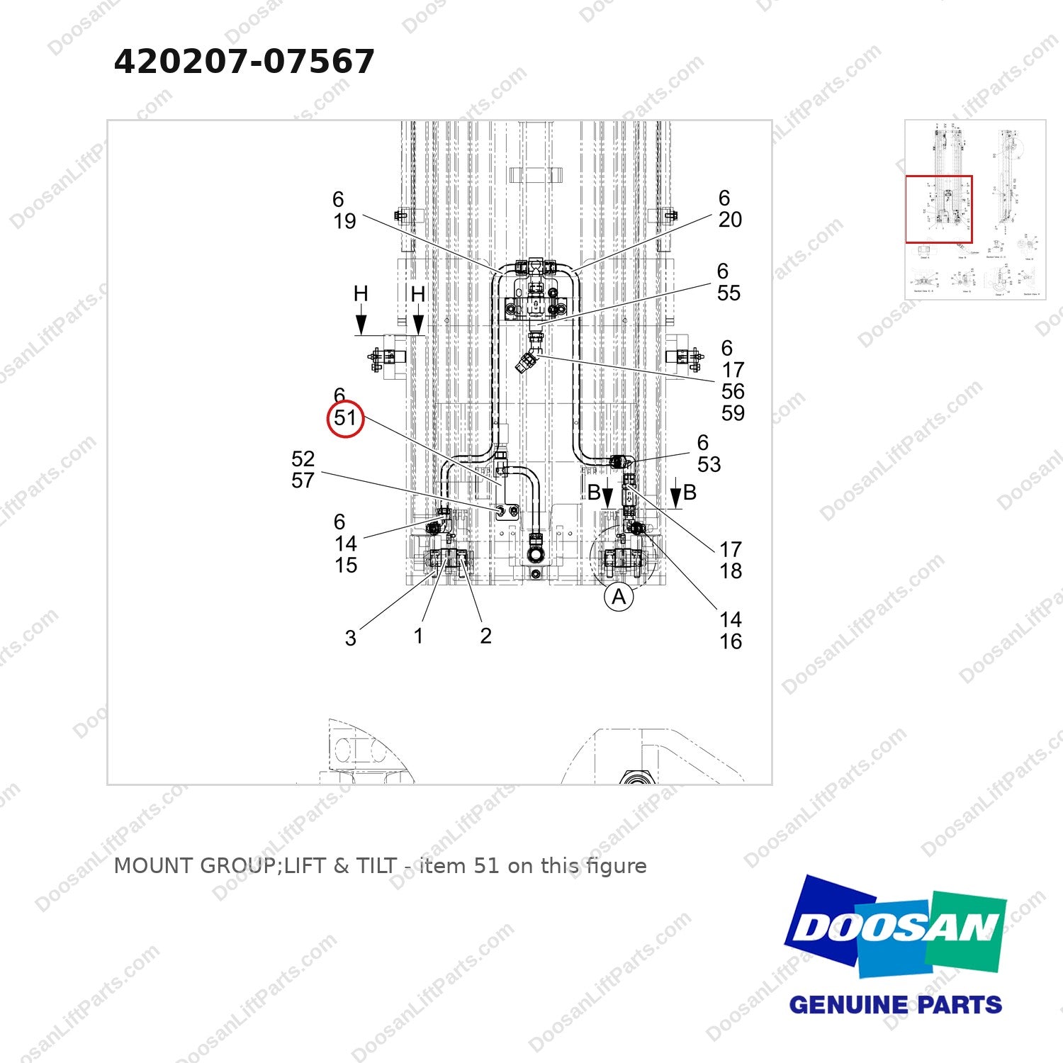 420207-07567 MOUNT GROUP;LIFT & TILT - parts diagram, item 51 shown - genuine Doosan / Bobcat forklift part