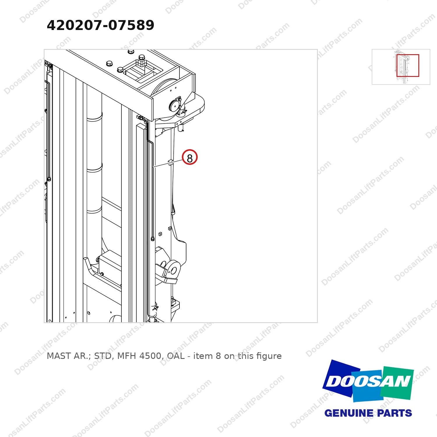 420207-07589 MAST AR.; STD,  MFH 4500, OAL - parts diagram, item 8 shown - genuine Doosan / Bobcat forklift part