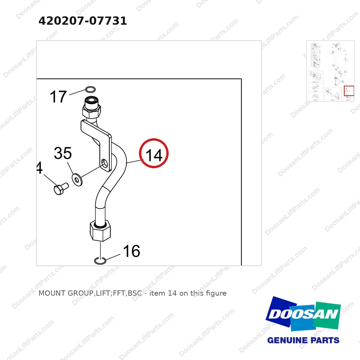 420207-07731 MOUNT GROUP,LIFT;FFT,BSC - parts diagram, item 14 shown - genuine Doosan / Bobcat forklift part