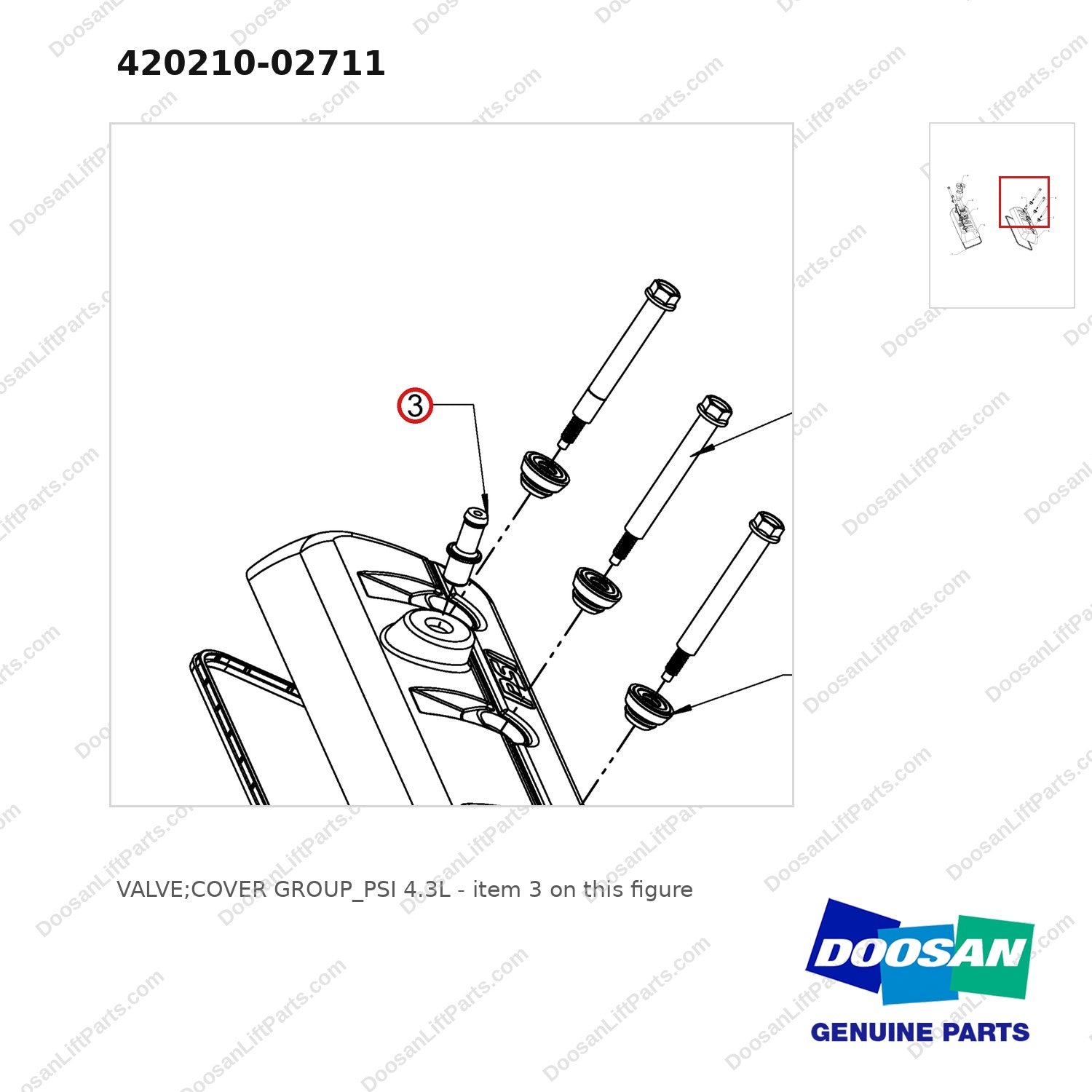 420210-02711 VALVE;COVER GROUP_PSI 4.3L - parts diagram, item 3 shown - genuine Doosan / Bobcat forklift part