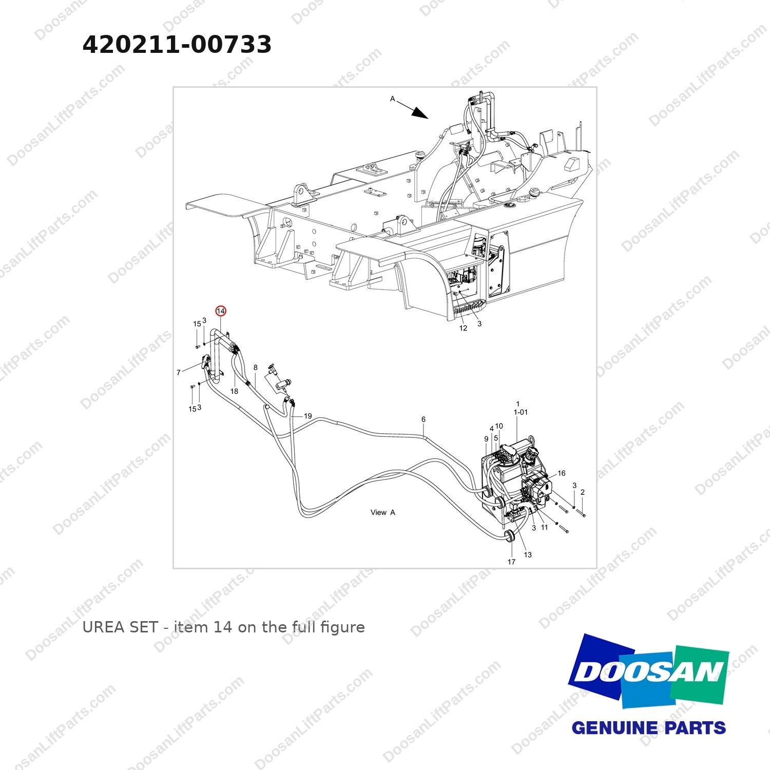 420211-00733 UREA SET - full parts diagram, item 14 marked - genuine Doosan / Bobcat forklift part