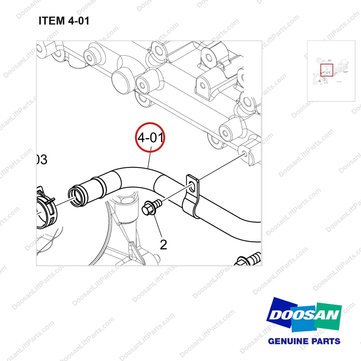 420211-01829 PIPE ASSY,COOLING WATER;DN03,7/9TON - parts diagram, item 4-01 shown - genuine Doosan / Bobcat forklift part
