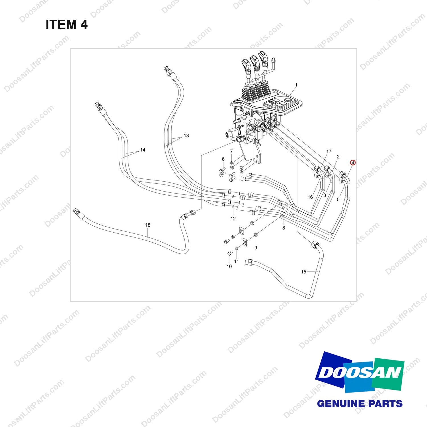 420214-00630 VALVE ARRANGEMENT;4SEC/4LEV,SJ,HEAVY DUT - full parts diagram, item 4 marked - genuine Doosan / Bobcat forklift part