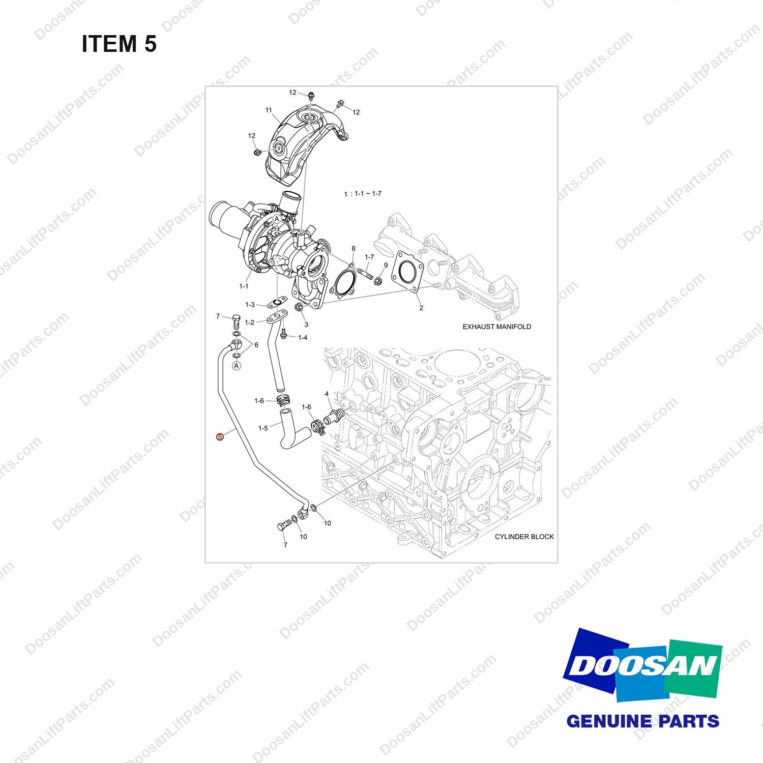 420214-00722A TURBOCHARGER - full parts diagram, item 5 marked - genuine Doosan / Bobcat forklift part
