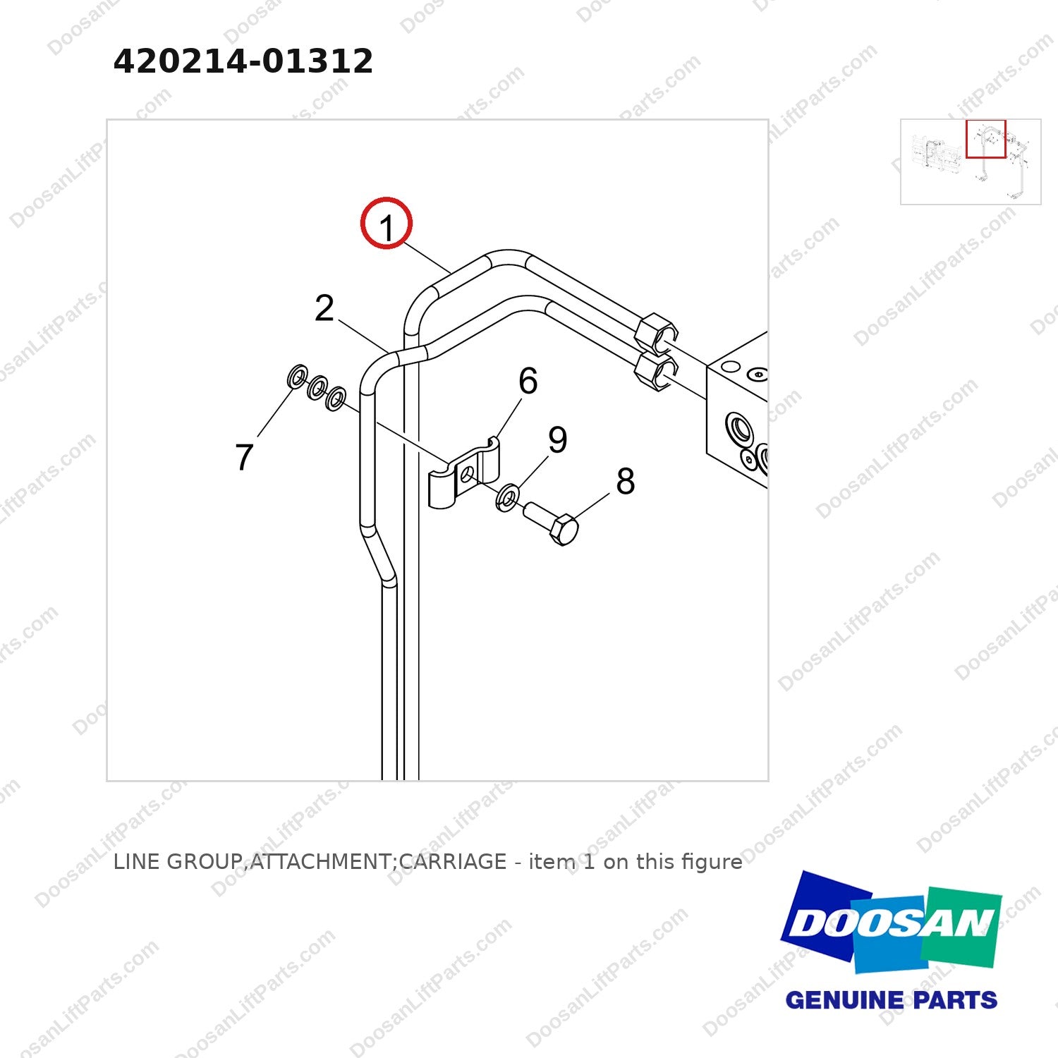 420214-01312 LINE GROUP,ATTACHMENT;CARRIAGE - parts diagram, item 1 shown - genuine Doosan / Bobcat forklift part