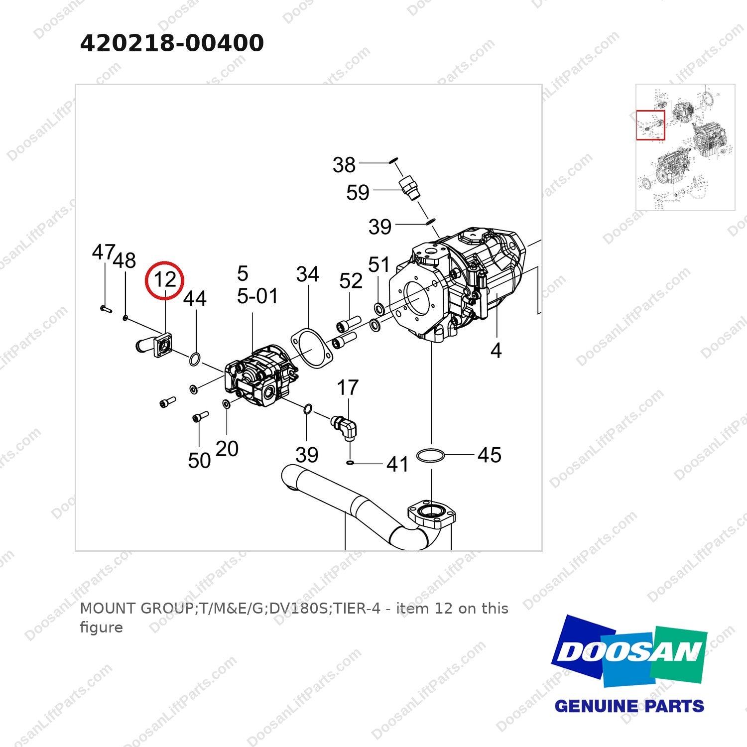 420218-00400 MOUNT GROUP;T/M&E/G;DV180S;TIER-4 - parts diagram, item 12 shown - genuine Doosan / Bobcat forklift part
