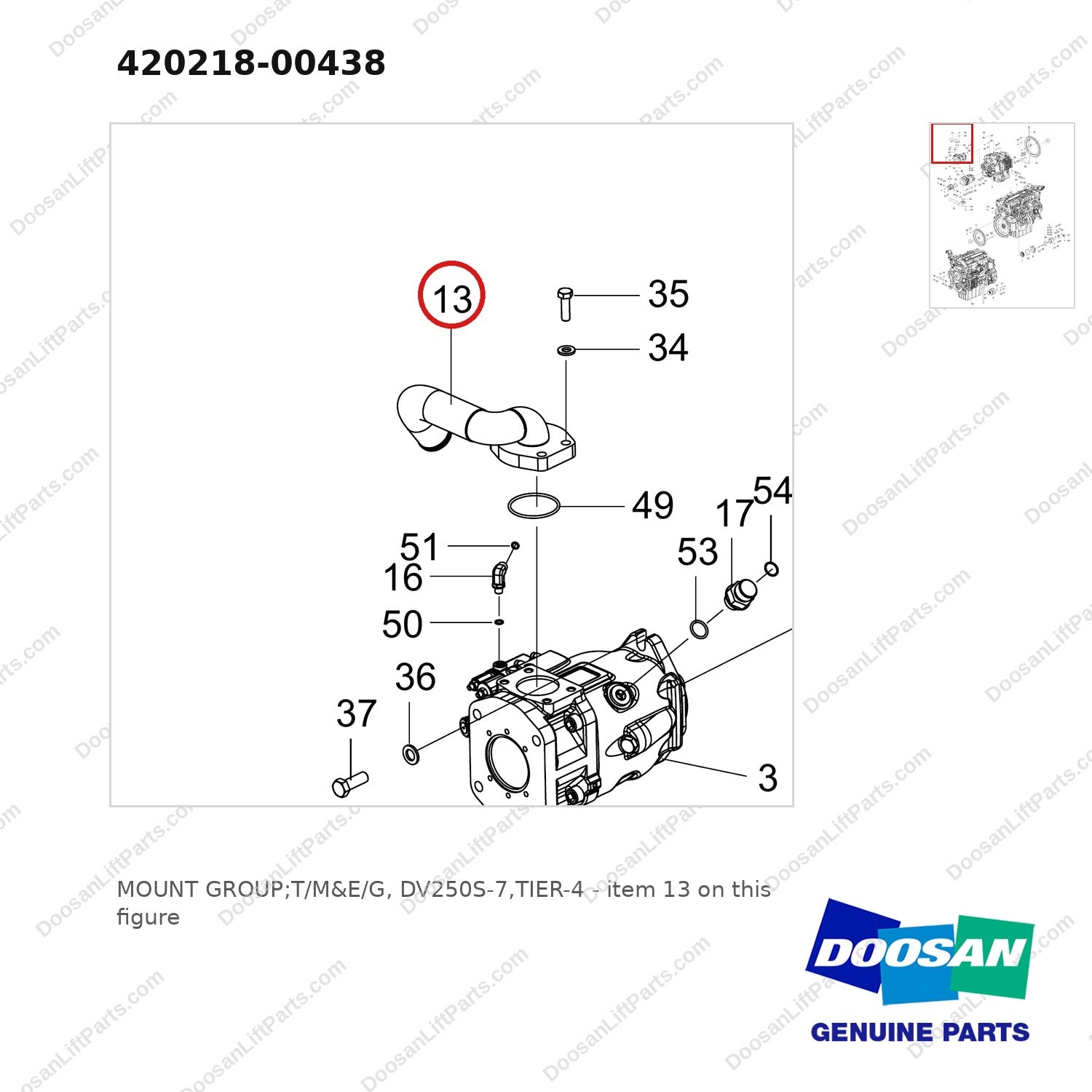 420218-00438 MOUNT GROUP;T/M&E/G, DV250S-7,TIER-4 - parts diagram, item 13 shown - genuine Doosan / Bobcat forklift part
