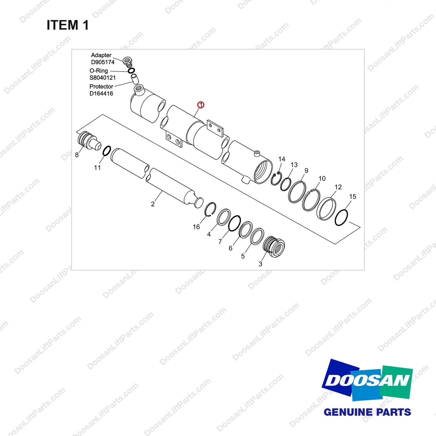 420402-00217 CYLINDER GROUP,LIFT;SEC-3700, D45S - full parts diagram, item 1 marked - genuine Doosan / Bobcat forklift part