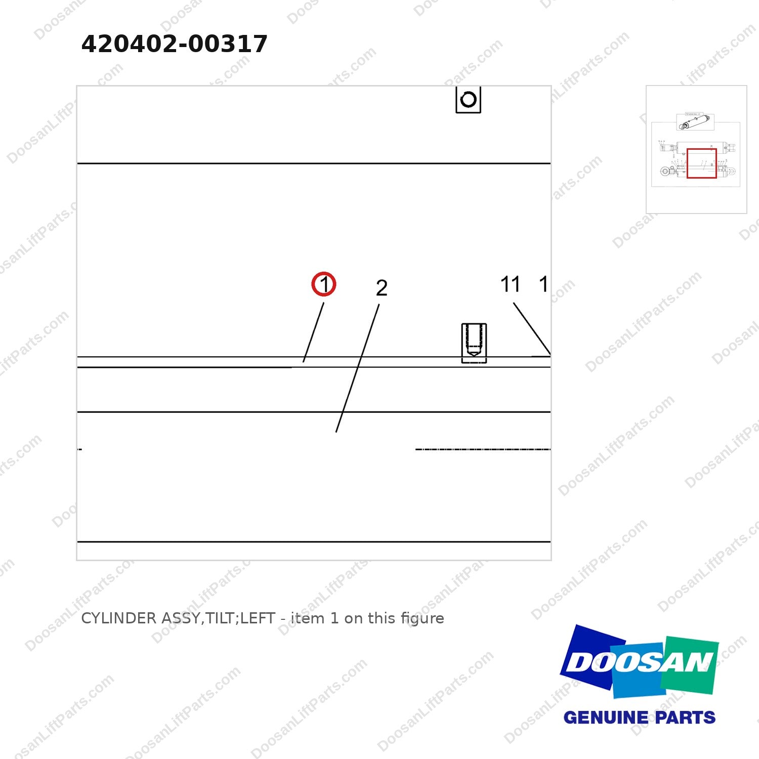420402-00317 CYLINDER ASSY,TILT;LEFT - parts diagram, item 1 shown - genuine Doosan / Bobcat forklift part