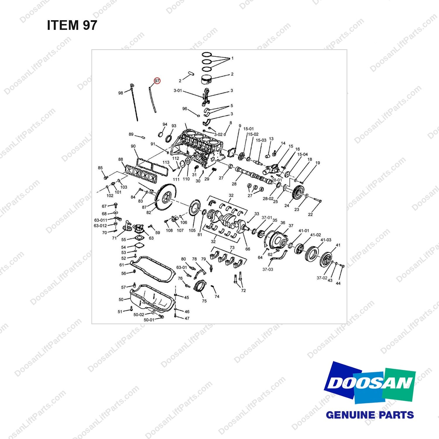 420406-00642 BASE ENGINE GROUP_02;GM3.0L - full parts diagram, item 97 marked - genuine Doosan / Bobcat forklift part