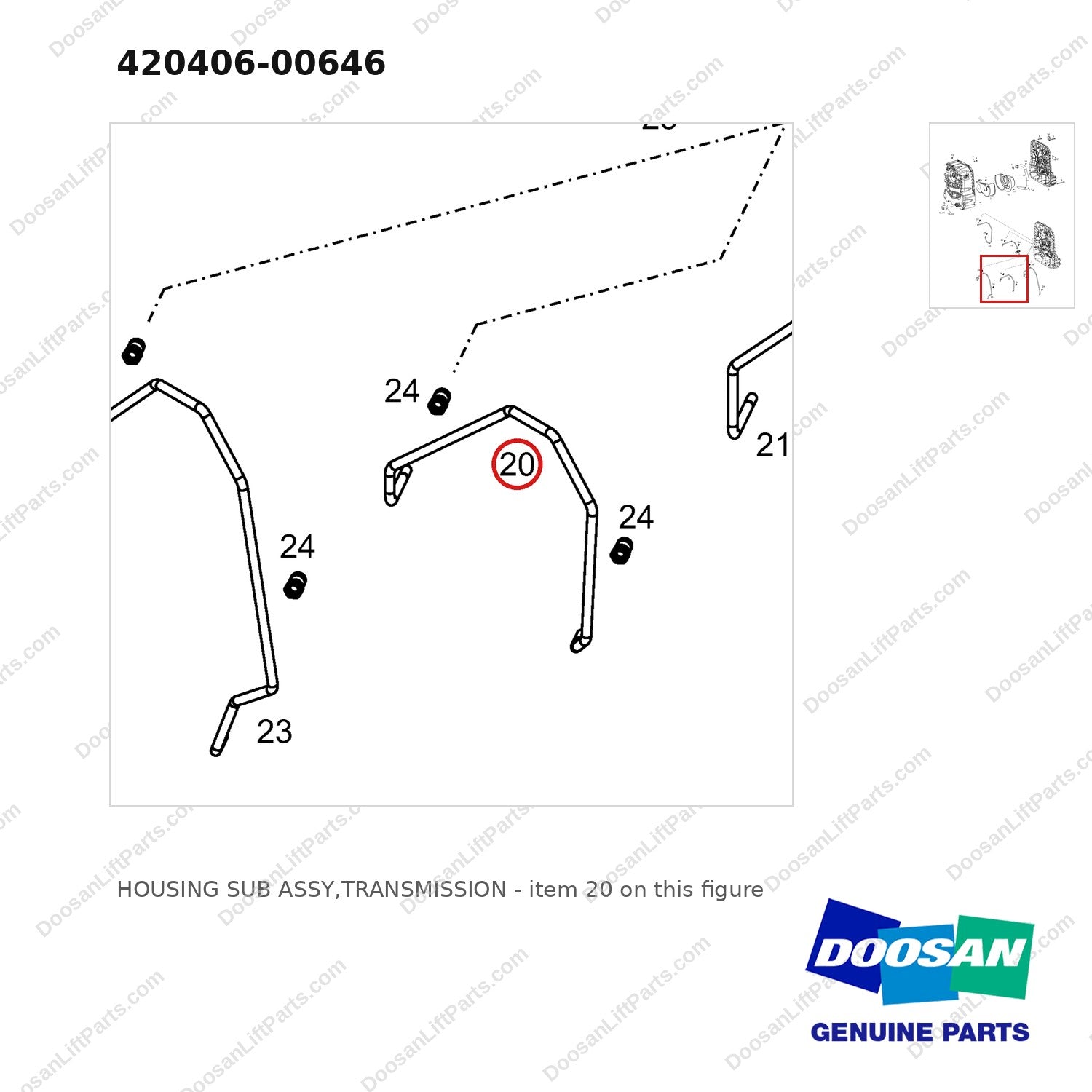 420406-00646 HOUSING SUB ASSY,TRANSMISSION - parts diagram, item 20 shown - genuine Doosan / Bobcat forklift part