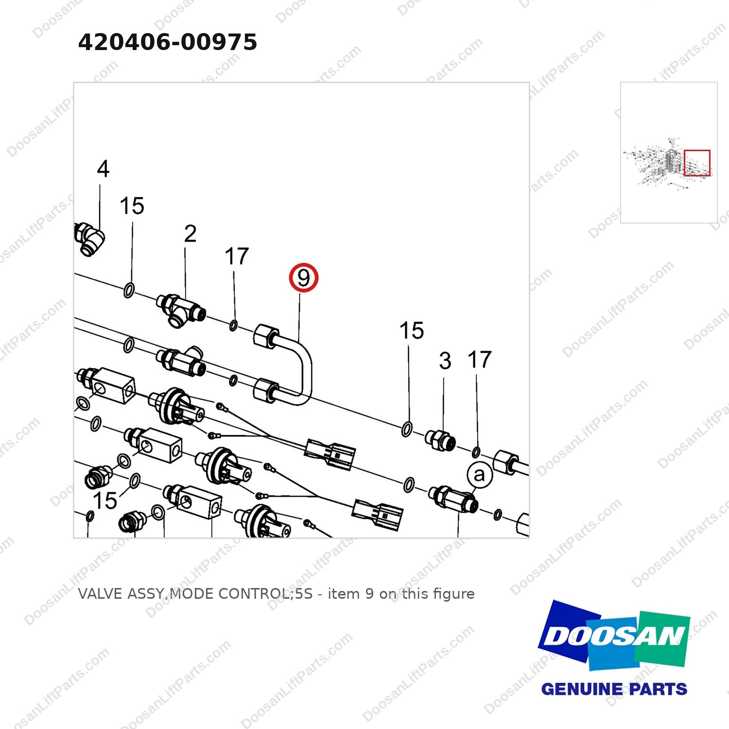 420406-00975 VALVE ASSY,MODE CONTROL;5S - parts diagram, item 9 shown - genuine Doosan / Bobcat forklift part