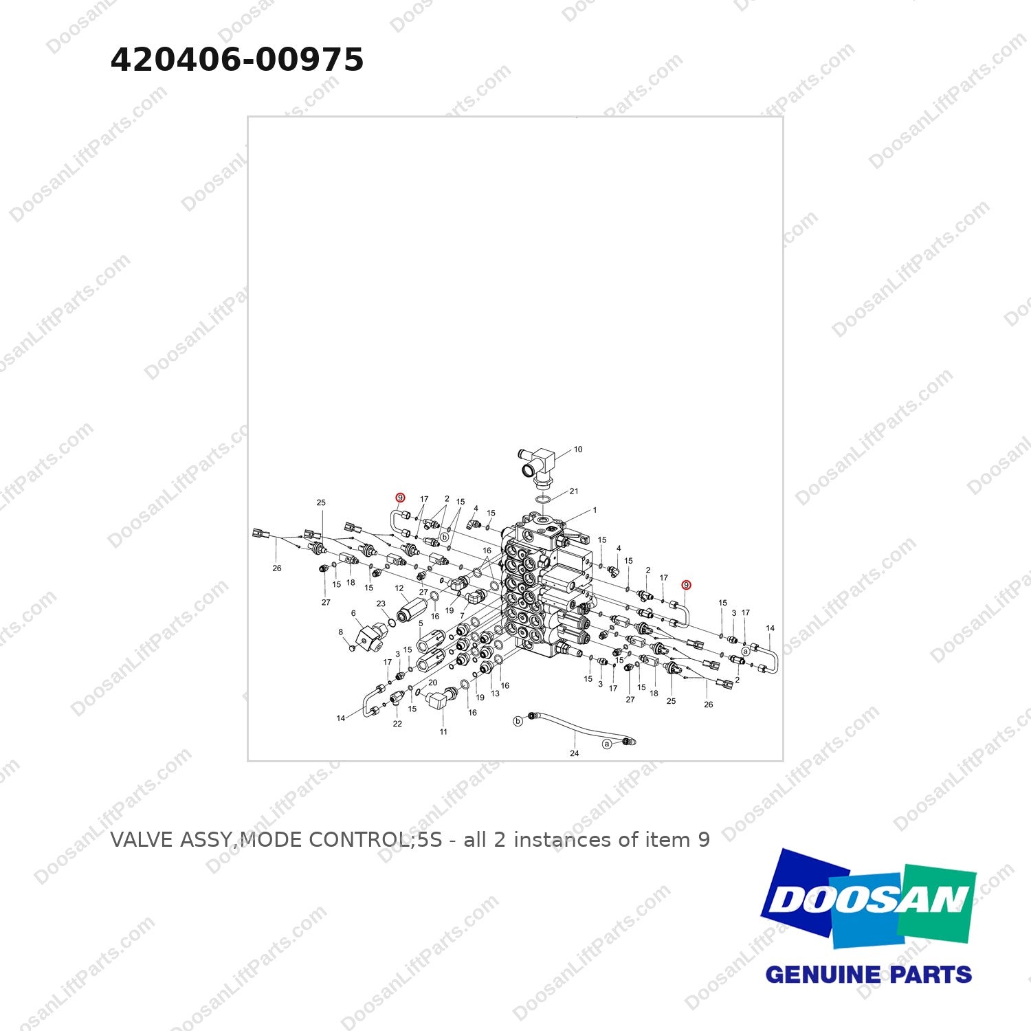 420406-00975 VALVE ASSY,MODE CONTROL;5S - full parts diagram, item 9 marked - genuine Doosan / Bobcat forklift part