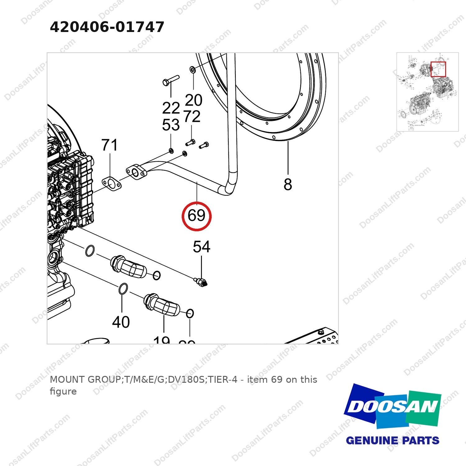 420406-01747 MOUNT GROUP;T/M&E/G;DV180S;TIER-4 - parts diagram, item 69 shown - genuine Doosan / Bobcat forklift part