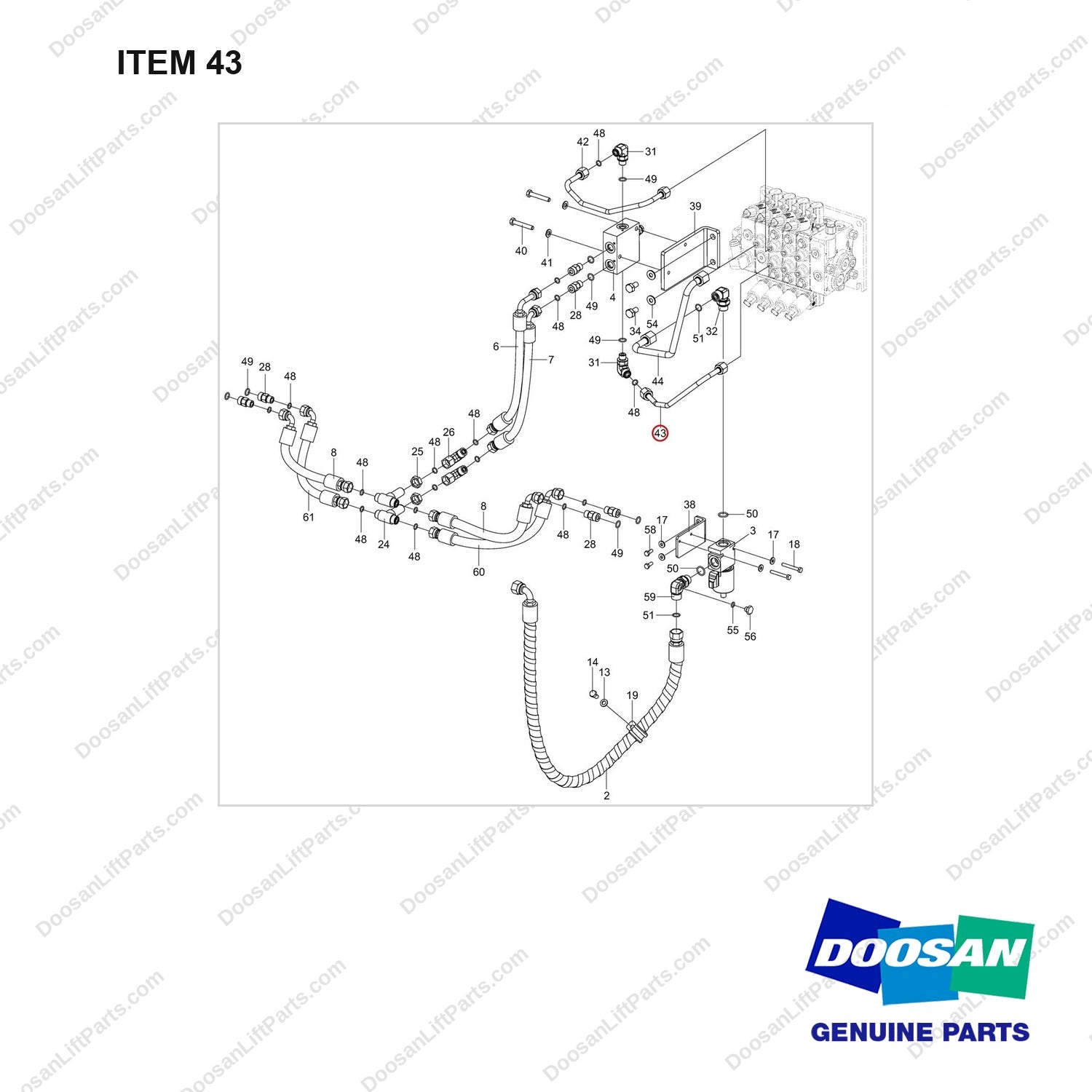 420406-02690 HOSE GROUP,HYDRAULIC;MO LINES - full parts diagram, item 43 marked - genuine Doosan / Bobcat forklift part