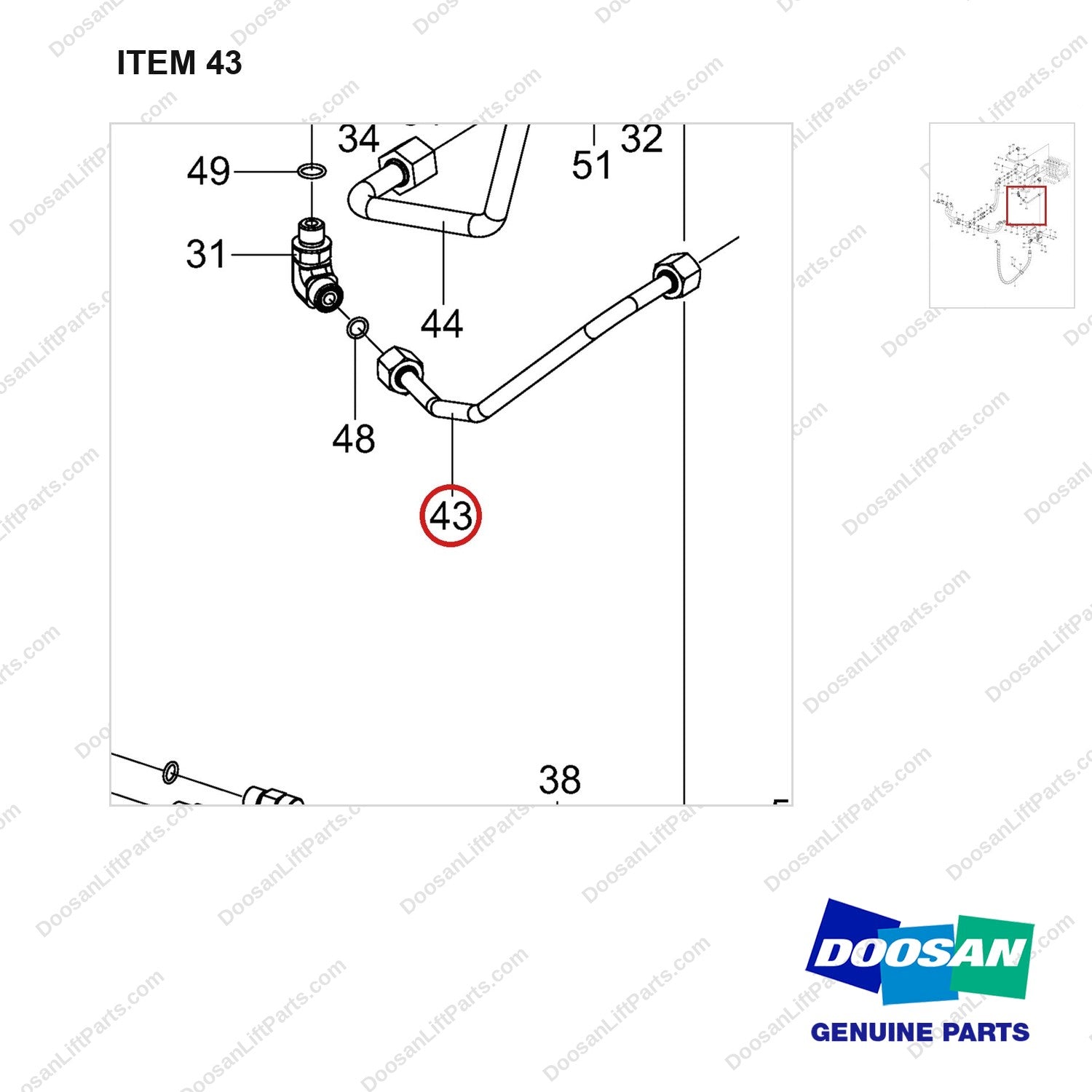 420406-02690 HOSE GROUP,HYDRAULIC;MO LINES - parts diagram, item 43 shown - genuine Doosan / Bobcat forklift part