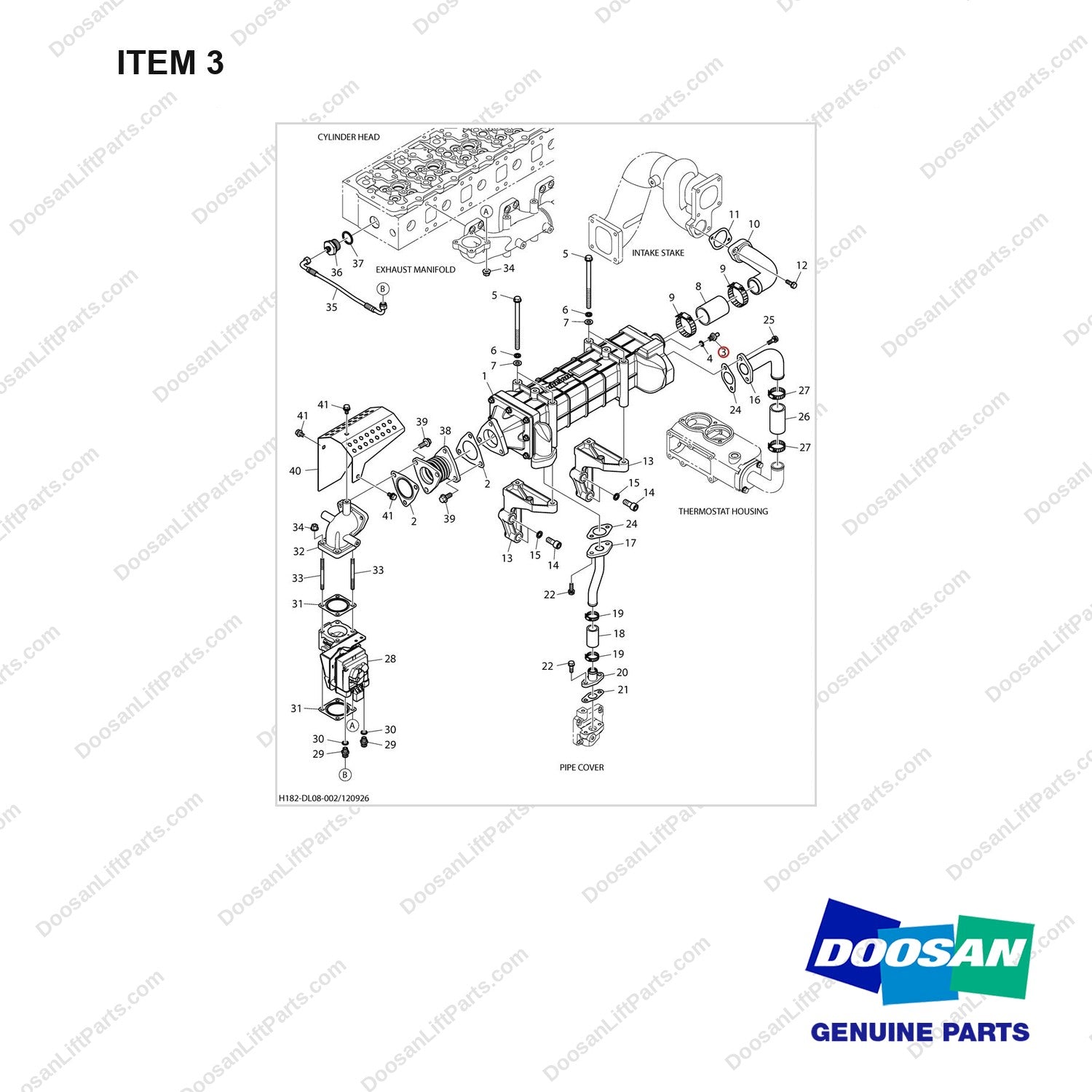 430201-00196 EGR VALVE - full parts diagram, item 3 marked - genuine Doosan / Bobcat forklift part