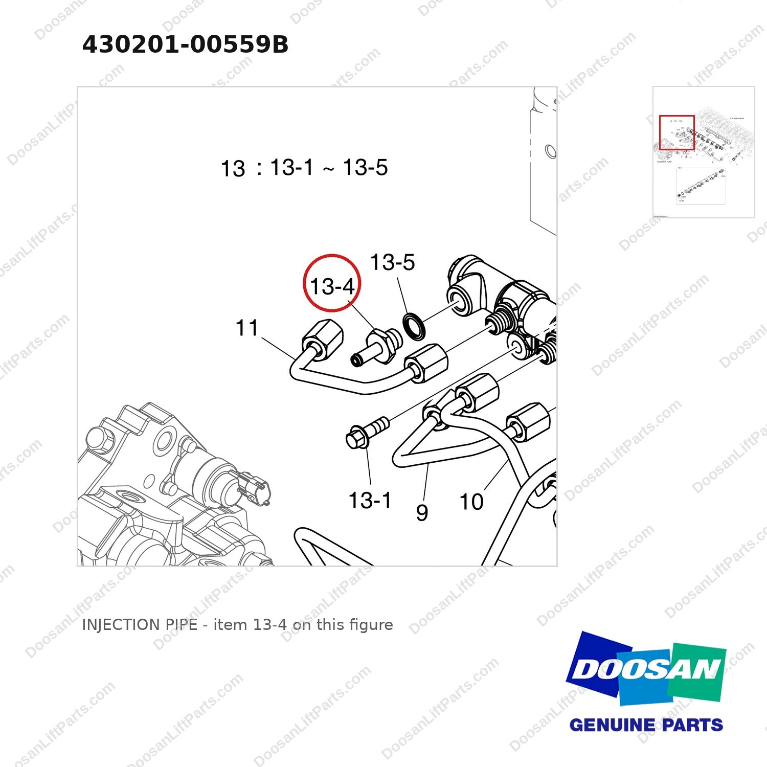 430201-00559B INJECTION PIPE - parts diagram, item 13-4 shown - genuine Doosan / Bobcat forklift part